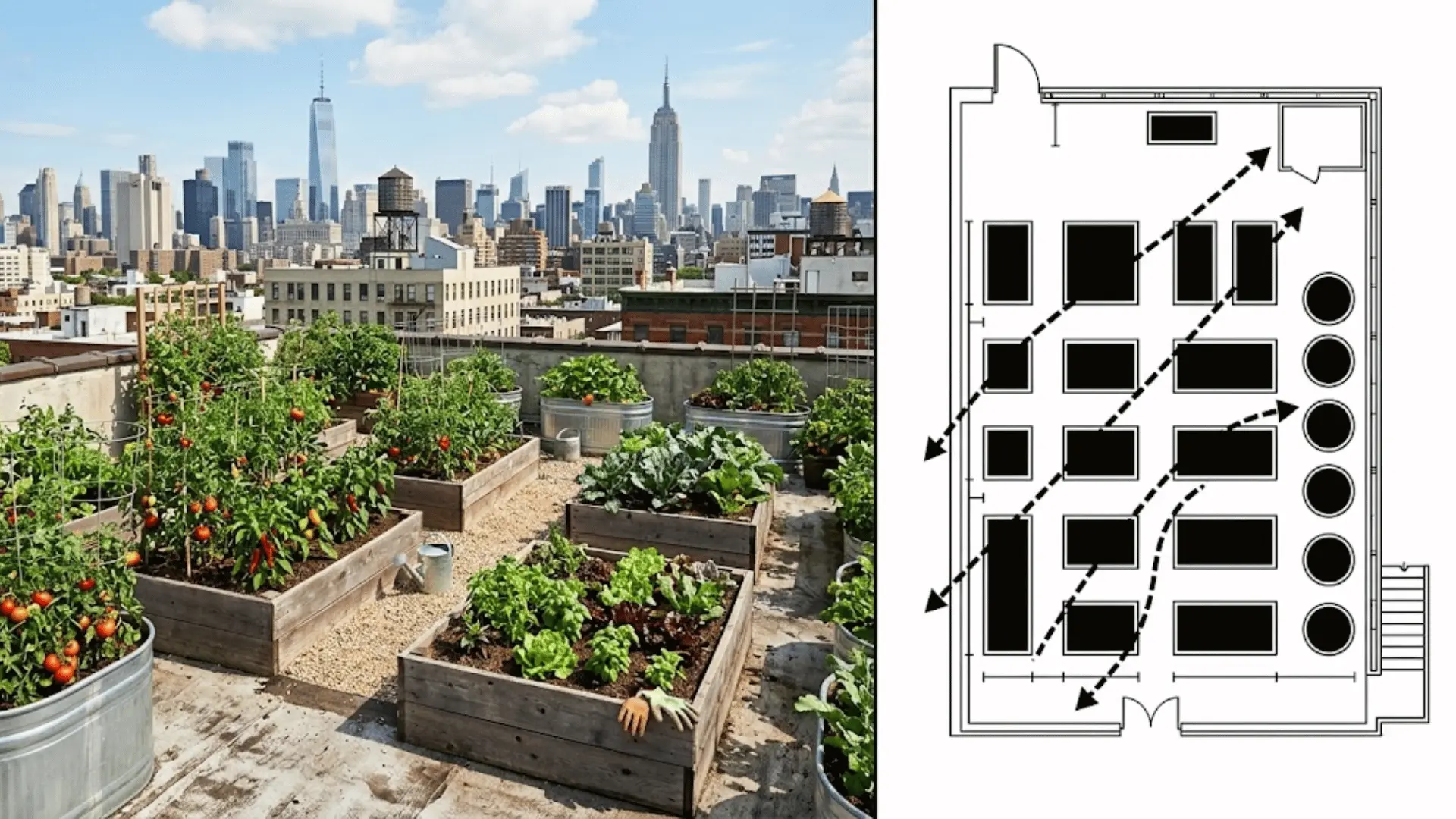 rooftop raised bed vegetable garden beside a rooftop layout diagram