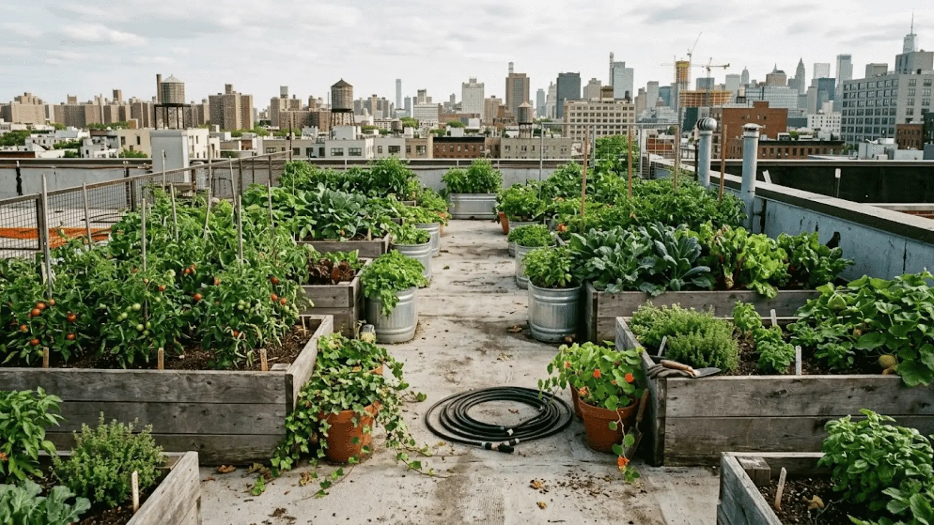 rooftop vegetable garden with raised beds and city skyline in background