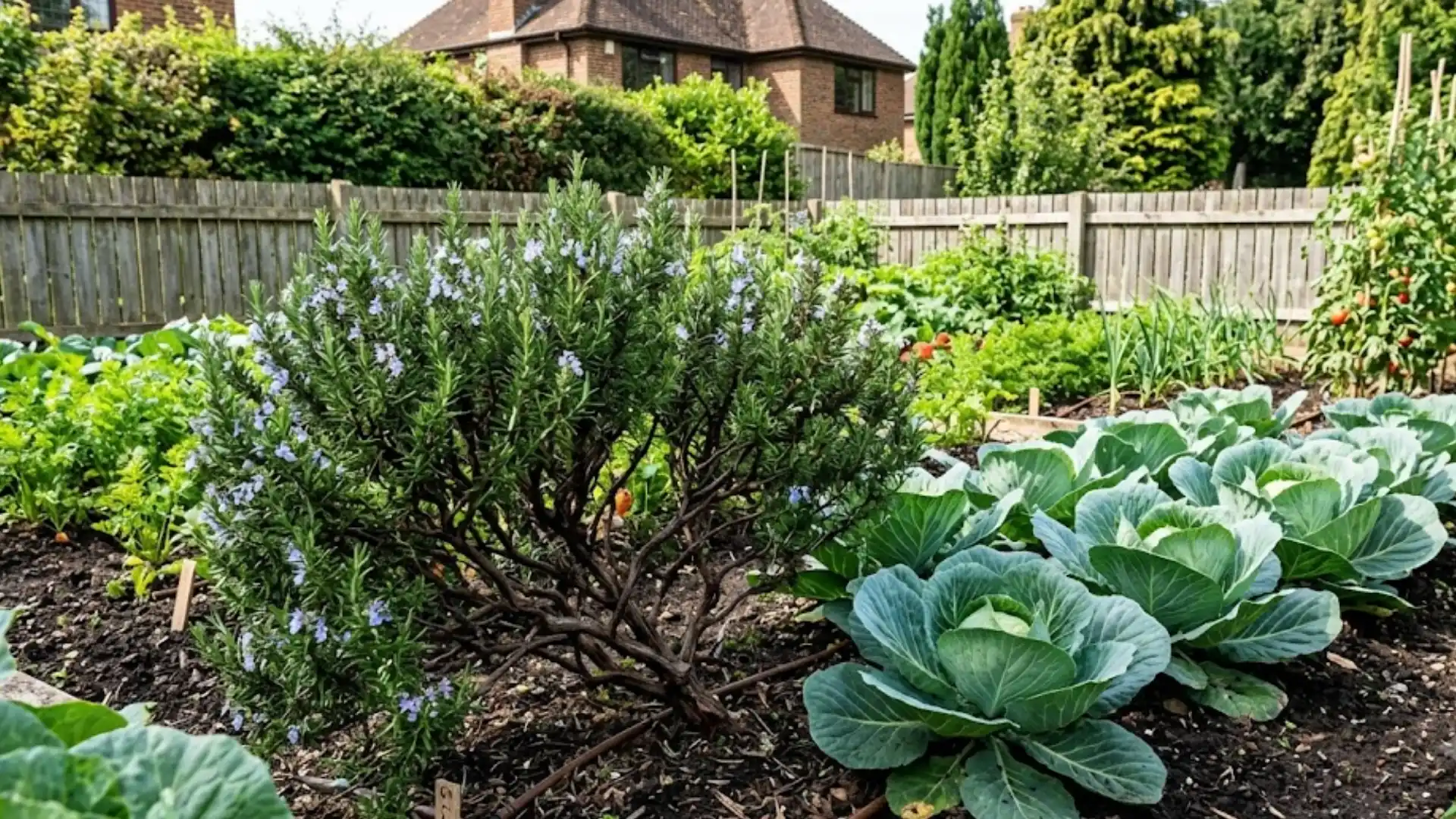 rosemary shrub growing near cabbage plants in a healthy vegetable garden under sunlight