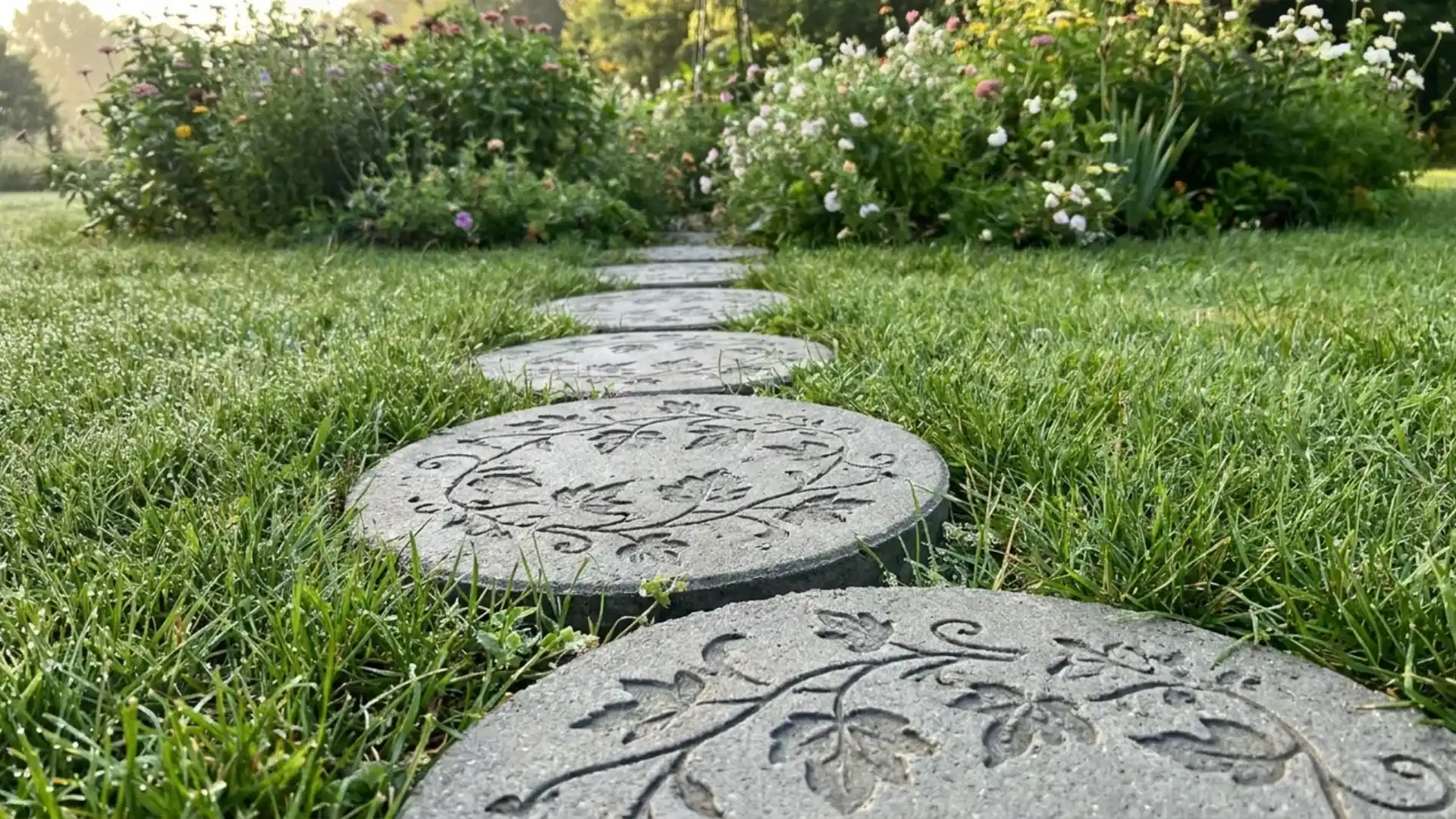 round concrete stepping stones with leaf pattern set into green lawn garden path