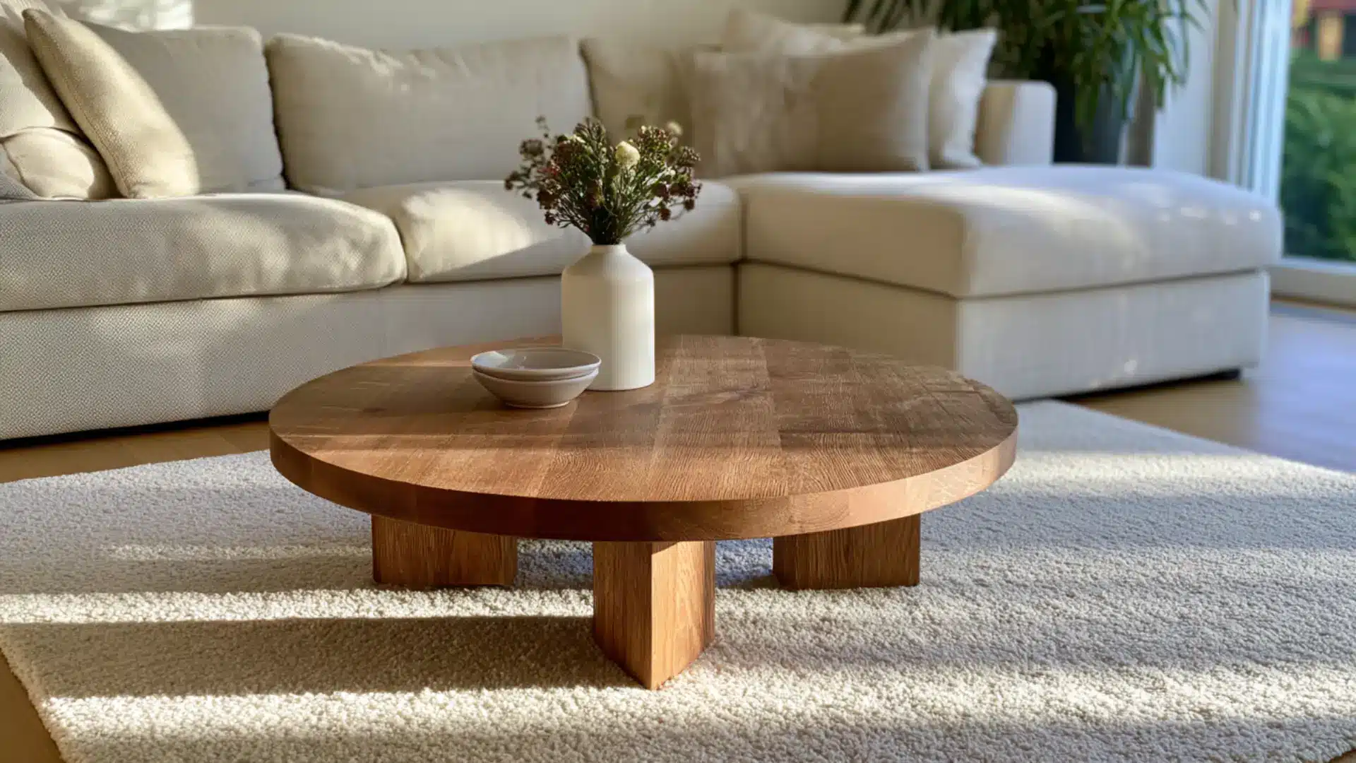 round wood coffee table on rug in front of sectional sofa