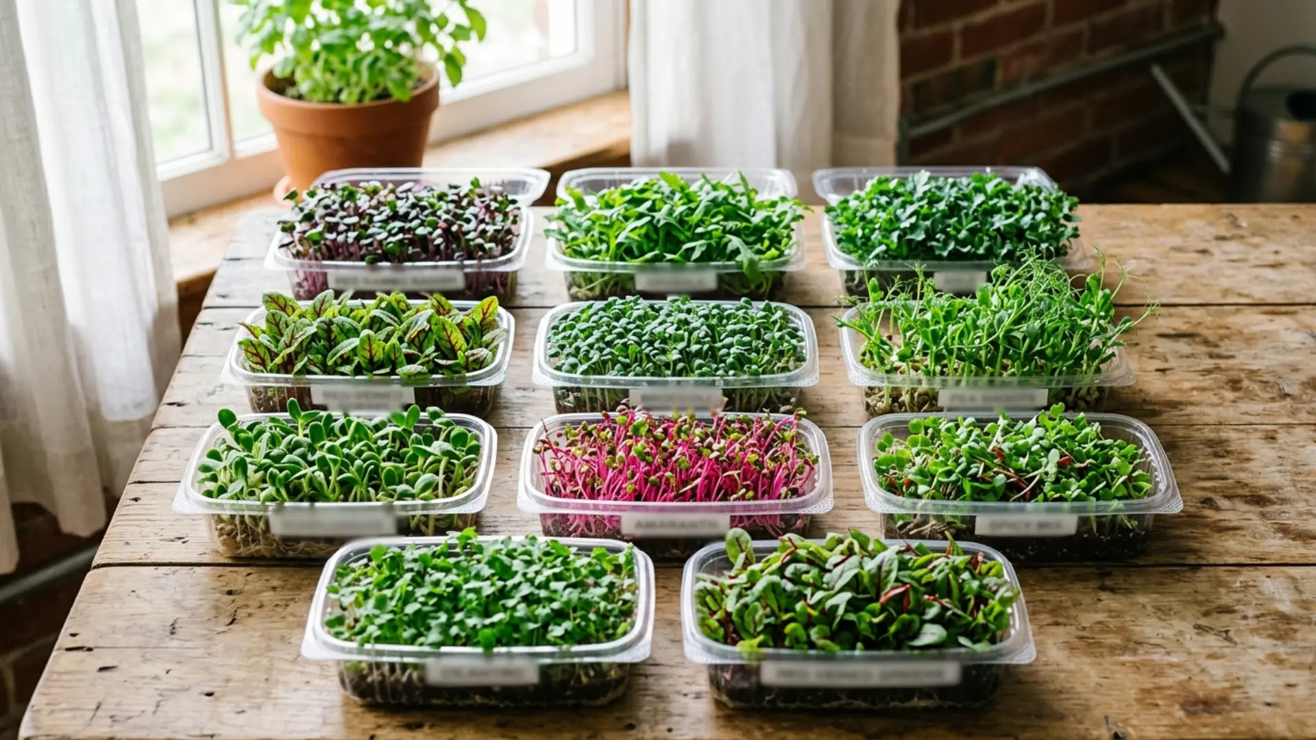 rows of clear trays filled with colorful microgreens sit on a rustic wooden table beside a potted plant and window