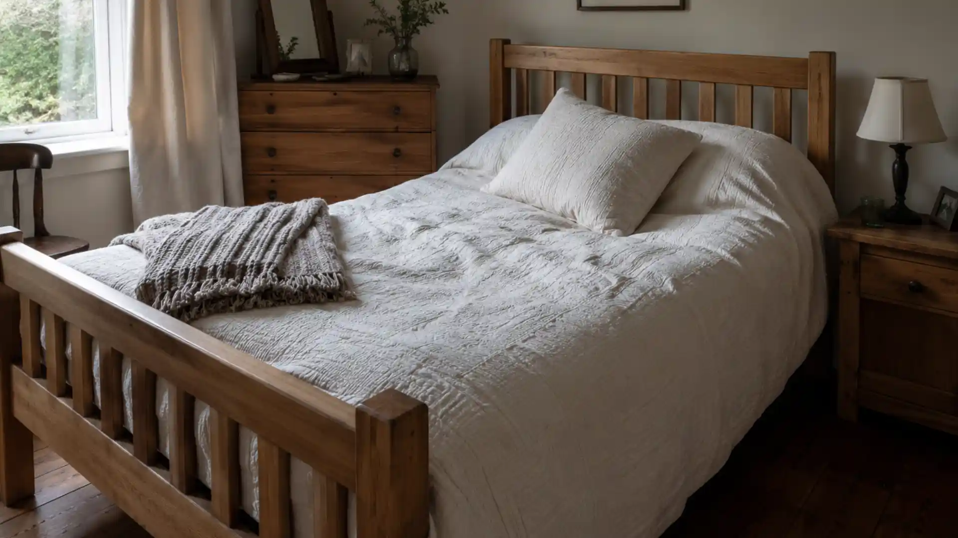 rumpled quilt and cascading knit blanket on a naturally made cottage bed