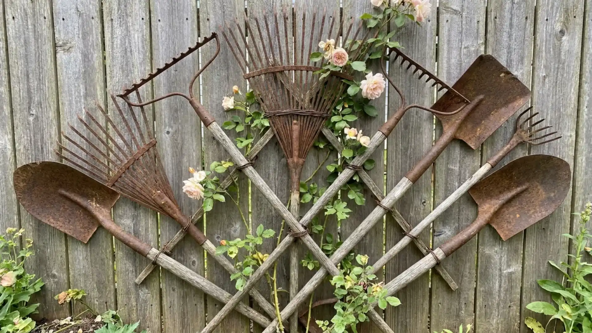 rustic garden tools trellis made from rakes and shovels with climbing roses on fence