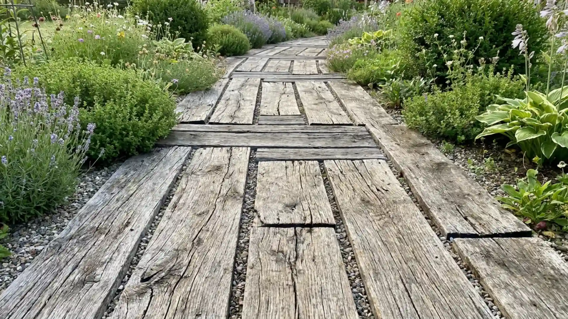 rustic pallet wood garden path laid over gravel bordered by lavender and hostas
