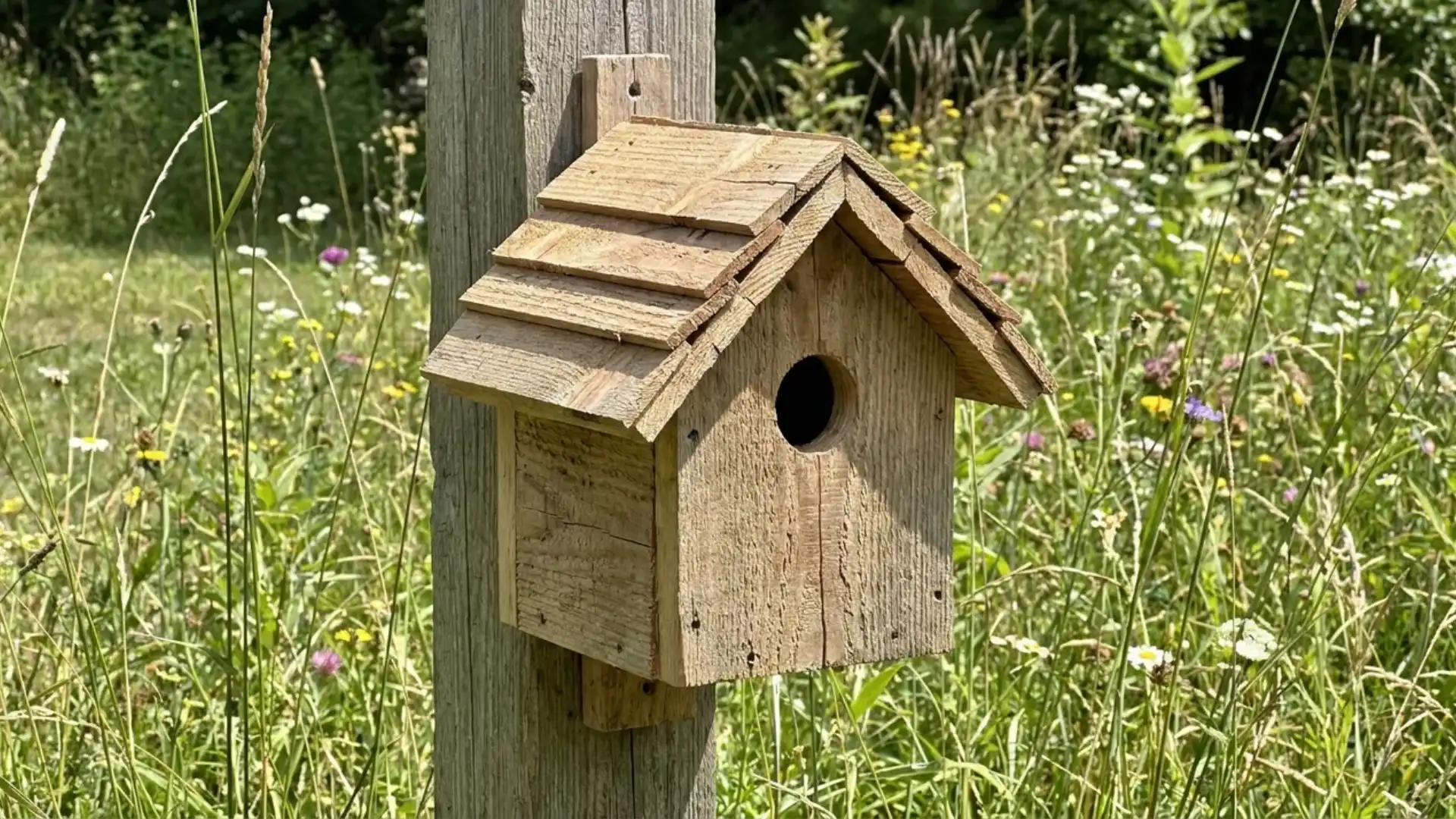 rustic wooden birdhouse with round entry hole mounted on post in wildflower field