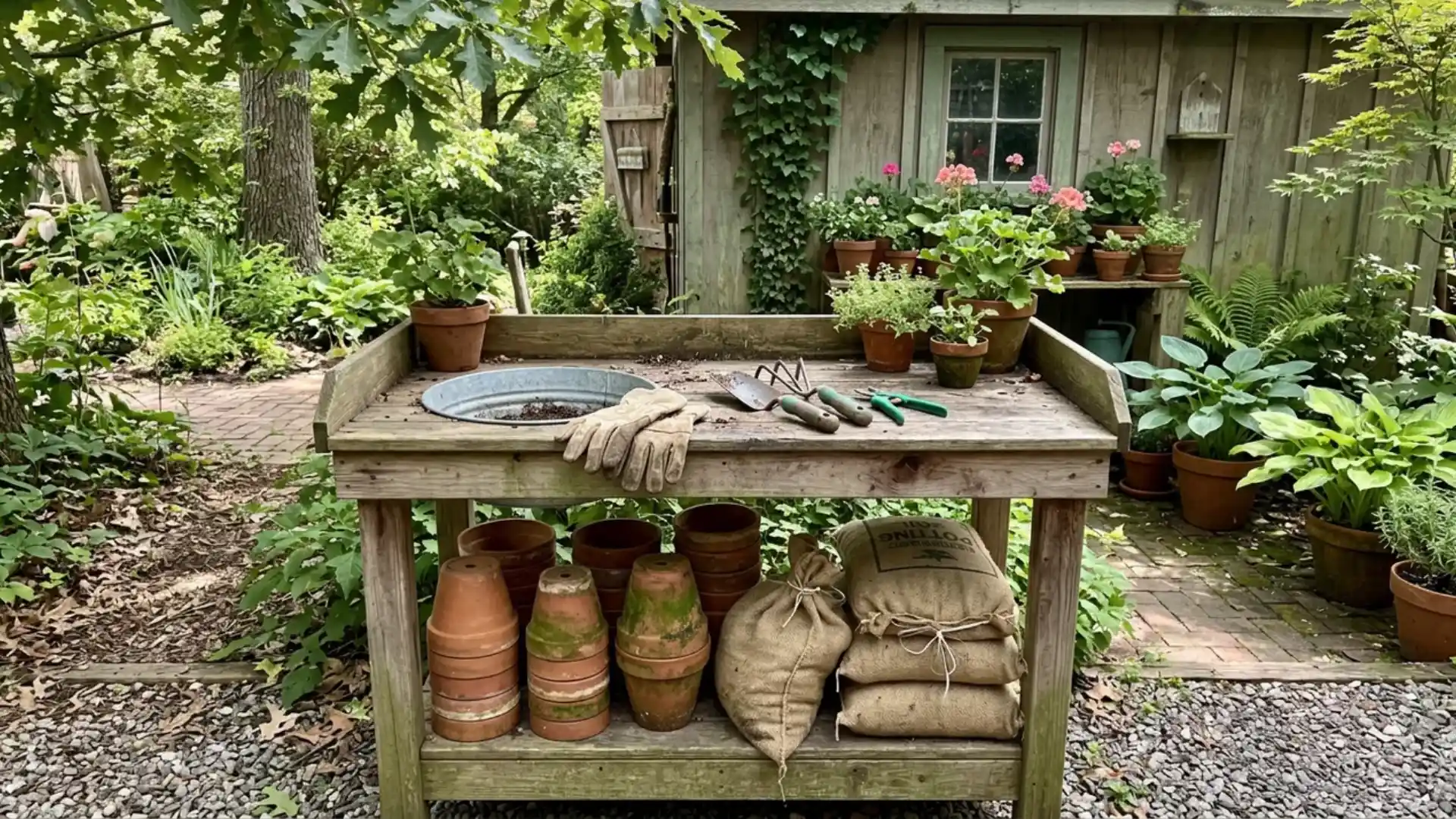 rustic wooden potting bench with terracotta pots gardening tools and soil bags