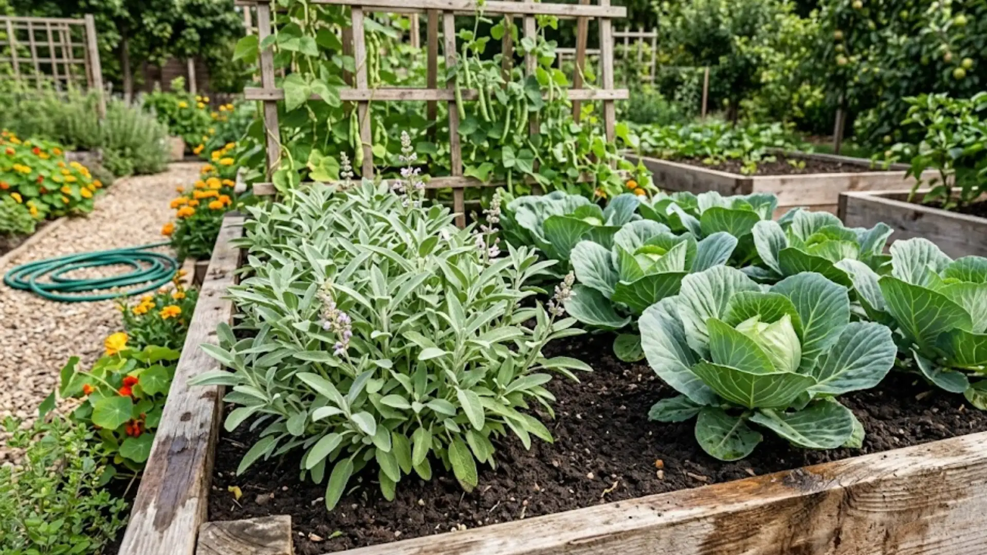 sage growing beside healthy cabbage plants in a well-maintained companion planting garden