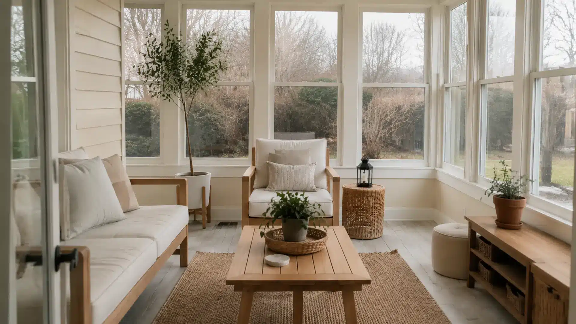 scandinavian style sunroom with light wood tones neutral furniture and jute rug