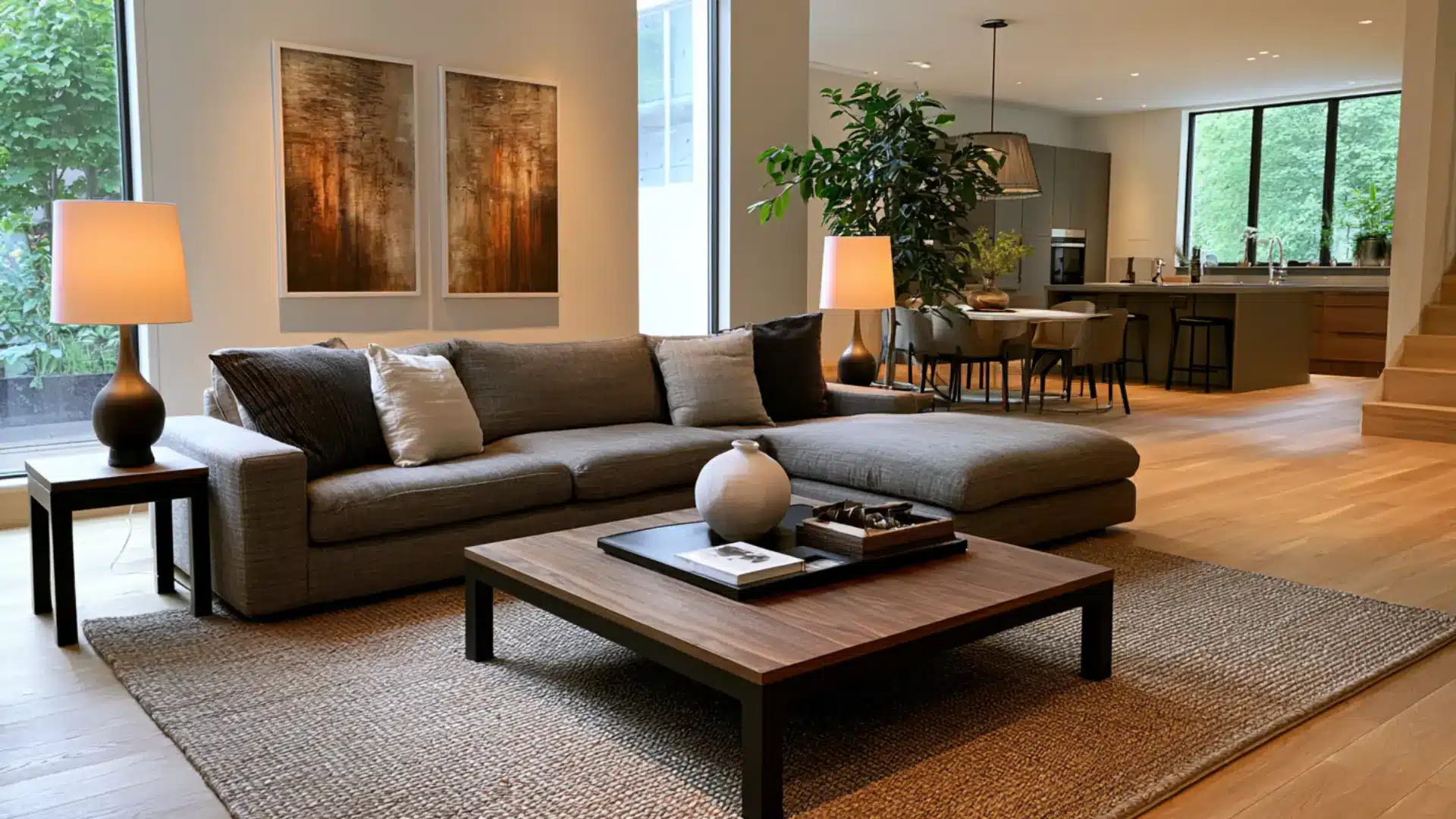 sectional sofa and coffee table floated on rug in open living dining space
