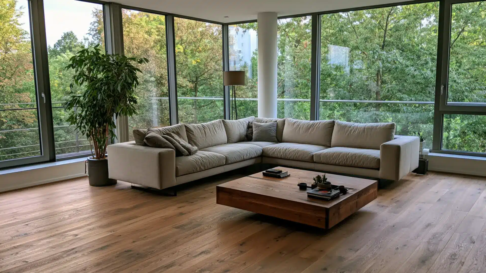 sectional sofa looking small in large open living room with floor to ceiling windows