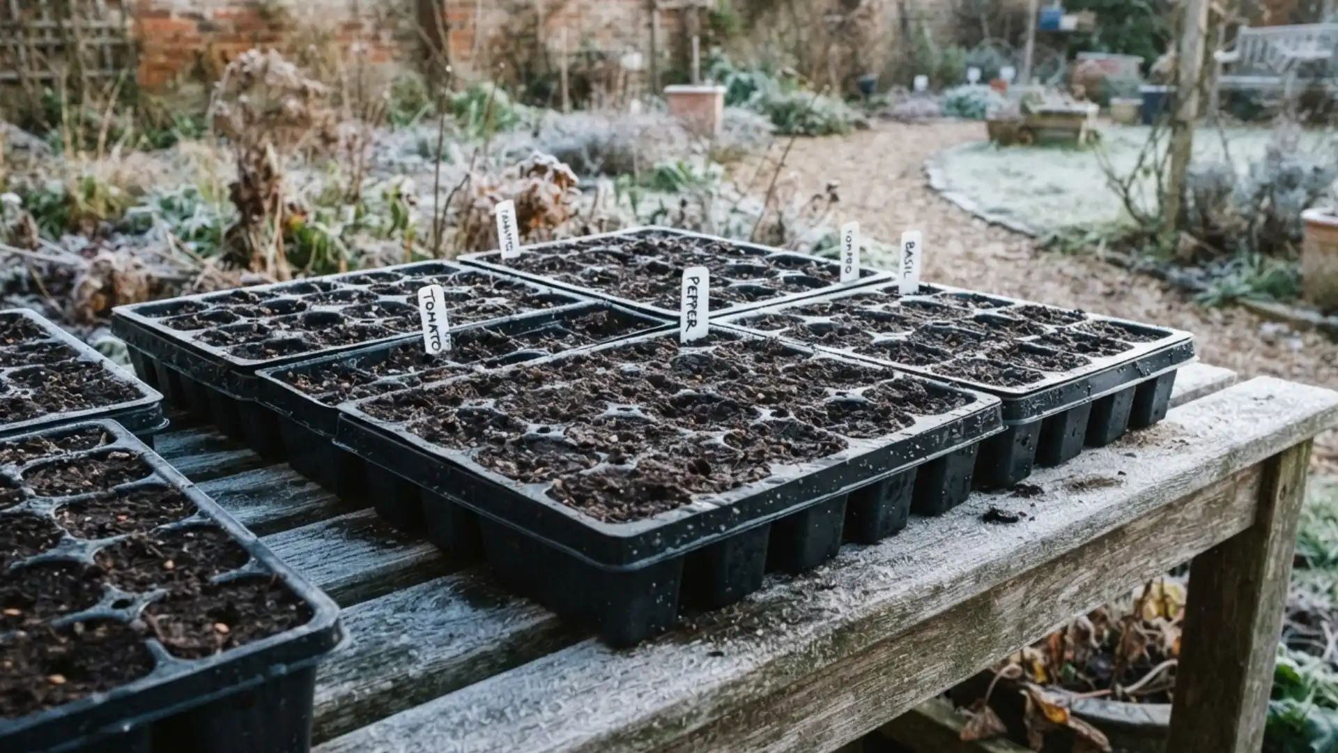 seed trays filled with moist soil placed outdoors in winter for natural cold stratification
