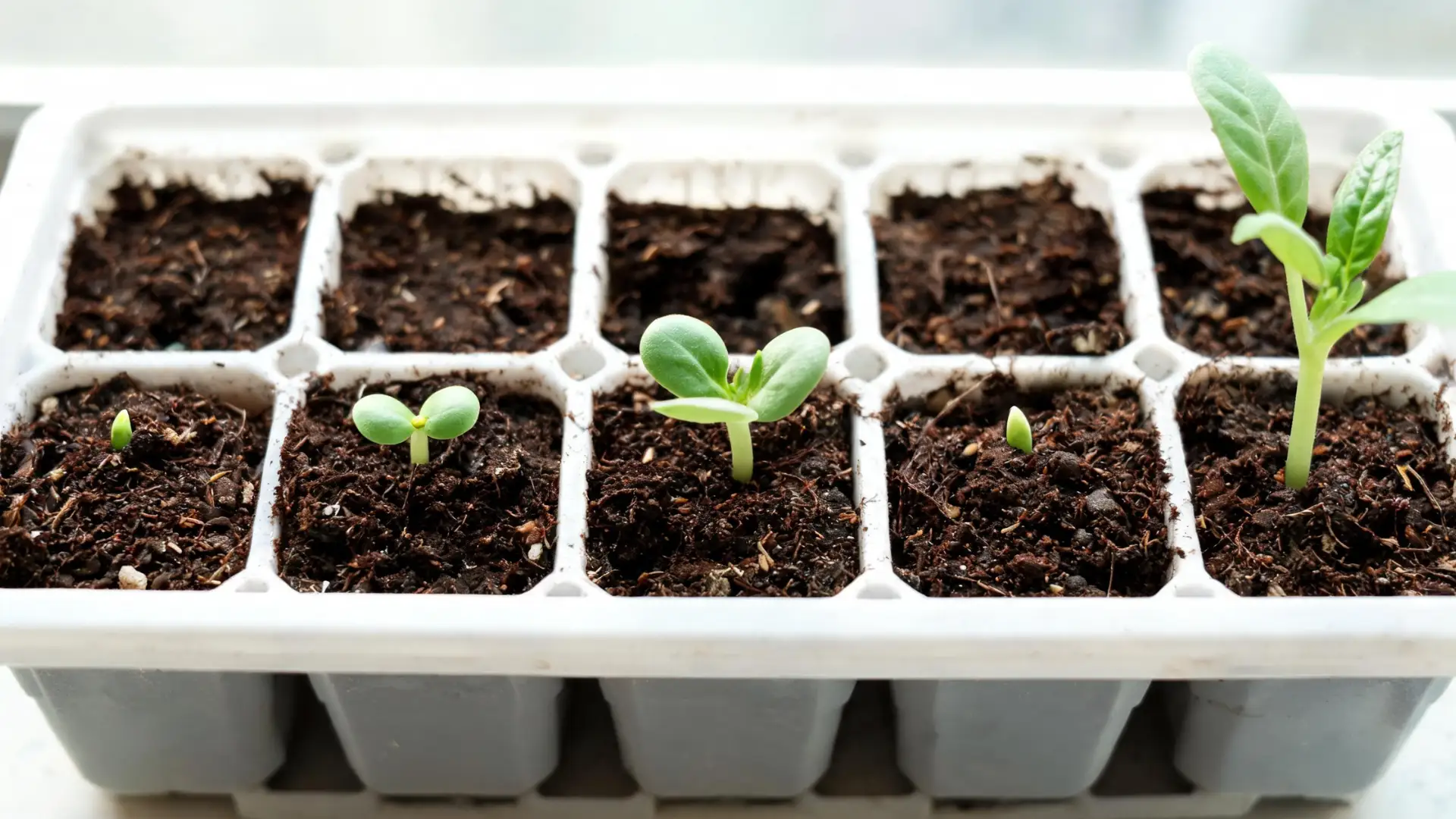 seedlings at different germination stages sprouting in a seed starting tray