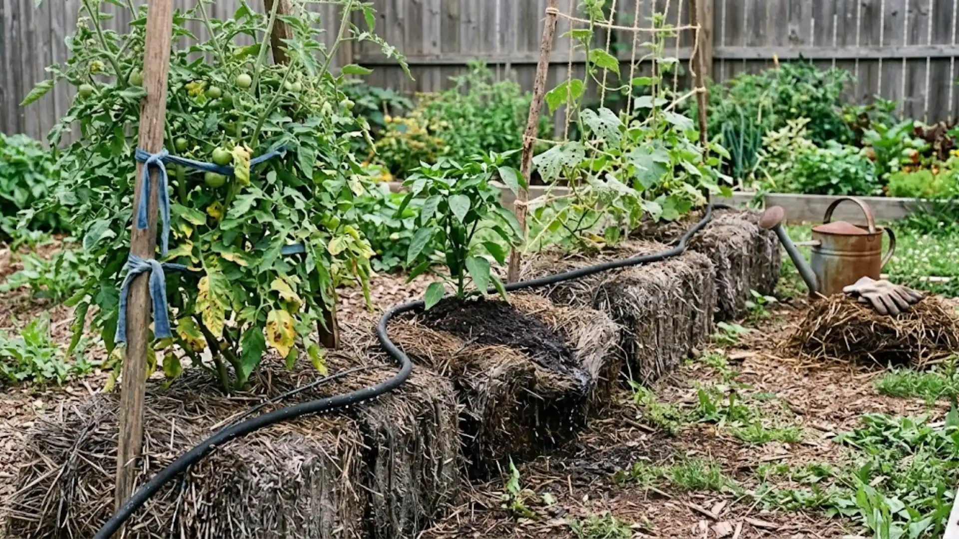 settled straw bale with exposed roots, added compost, staked tomato, and drip irrigation nearby