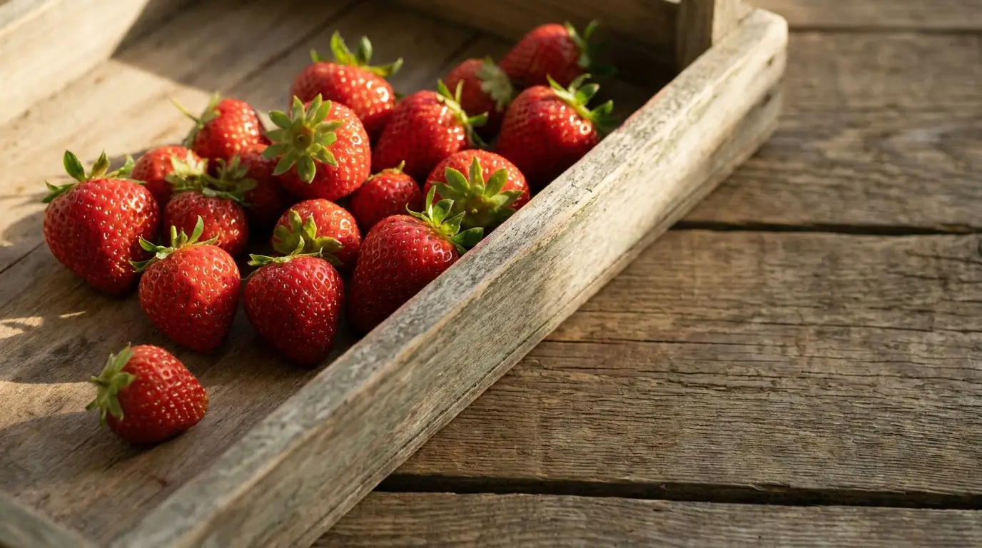 Fresh strawberries in wooden tray on rustic wooden table in warm sunlight