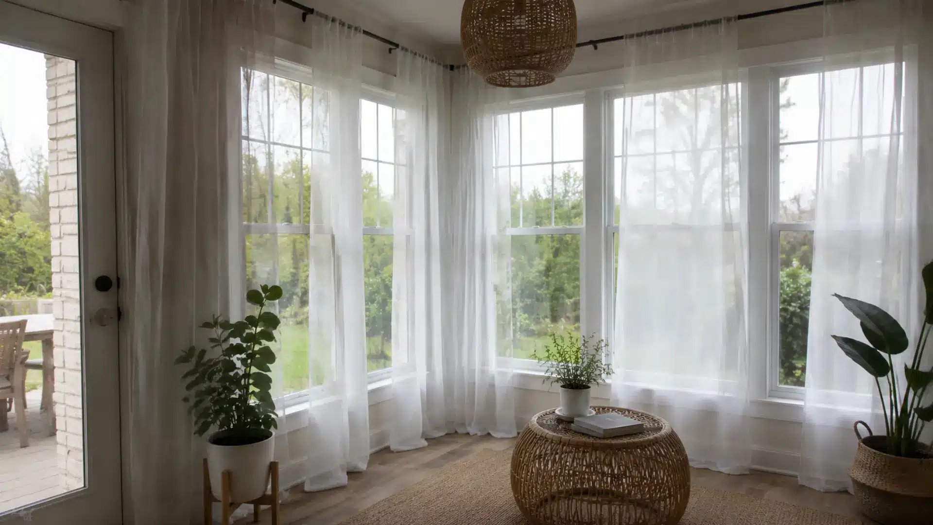 sheer white curtains softening natural light in a bright corner sunroom with plants