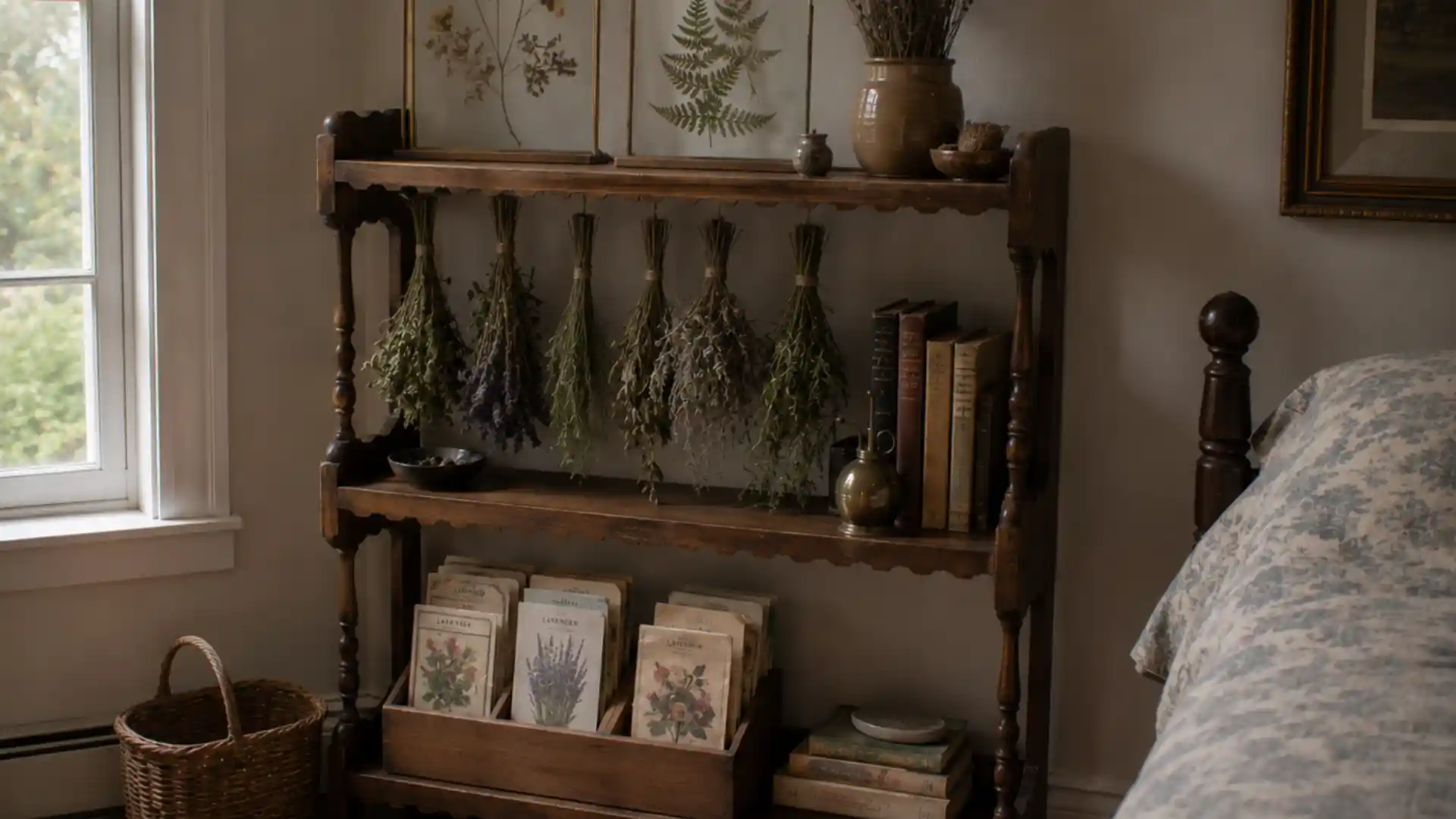 shelf with pressed flowers, dried herbs and seed packets in natural light