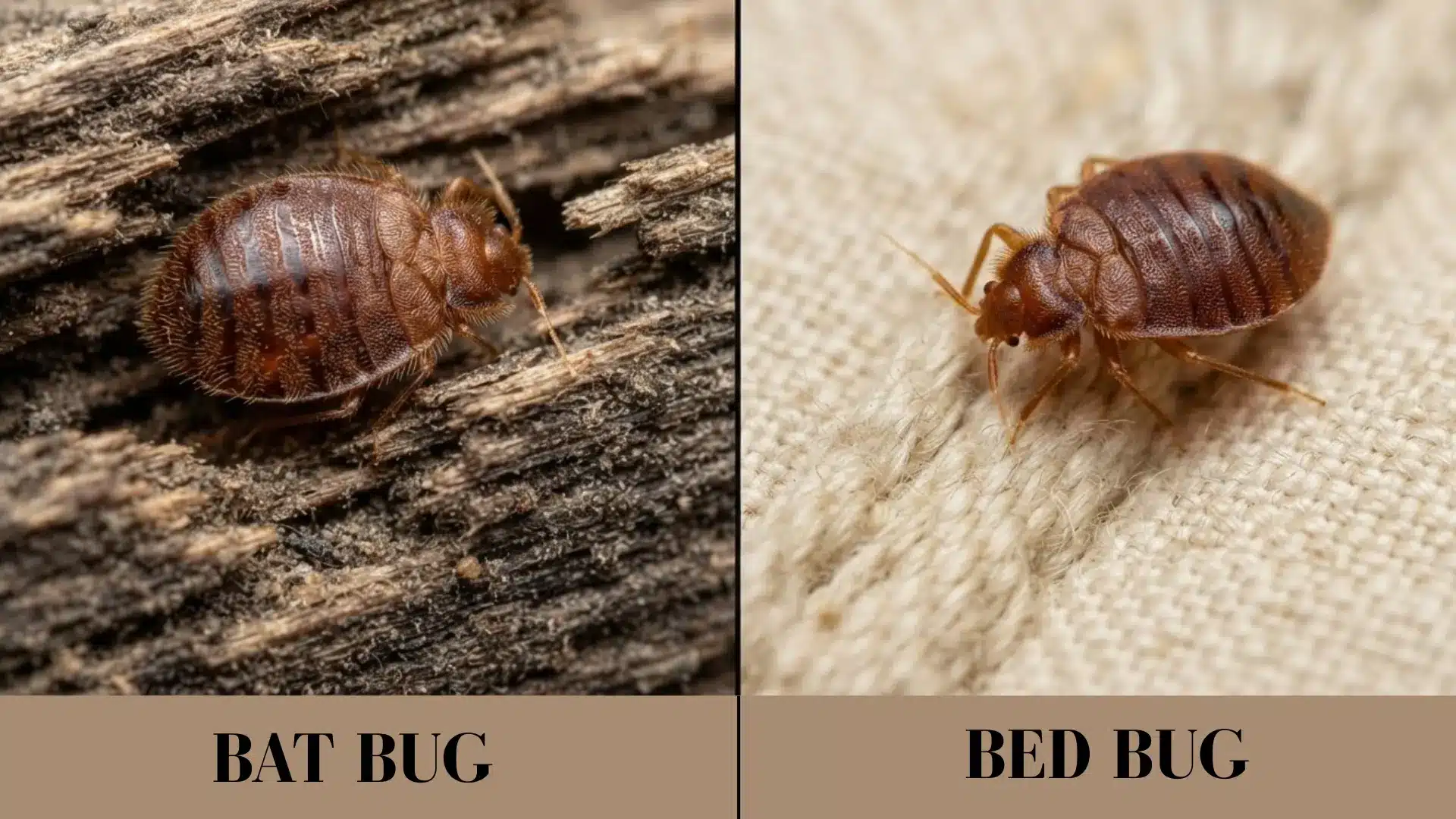 side by side comparison of a bat bug on wood and a bed bug on fabric showing their similar appearance