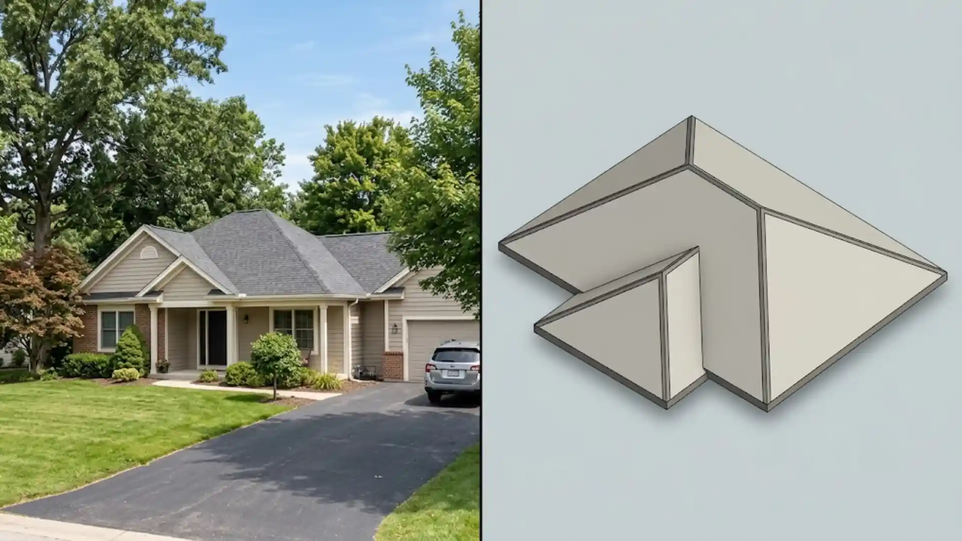 simple hip roof on suburban home beside 3d architectural rendering of ridge structure