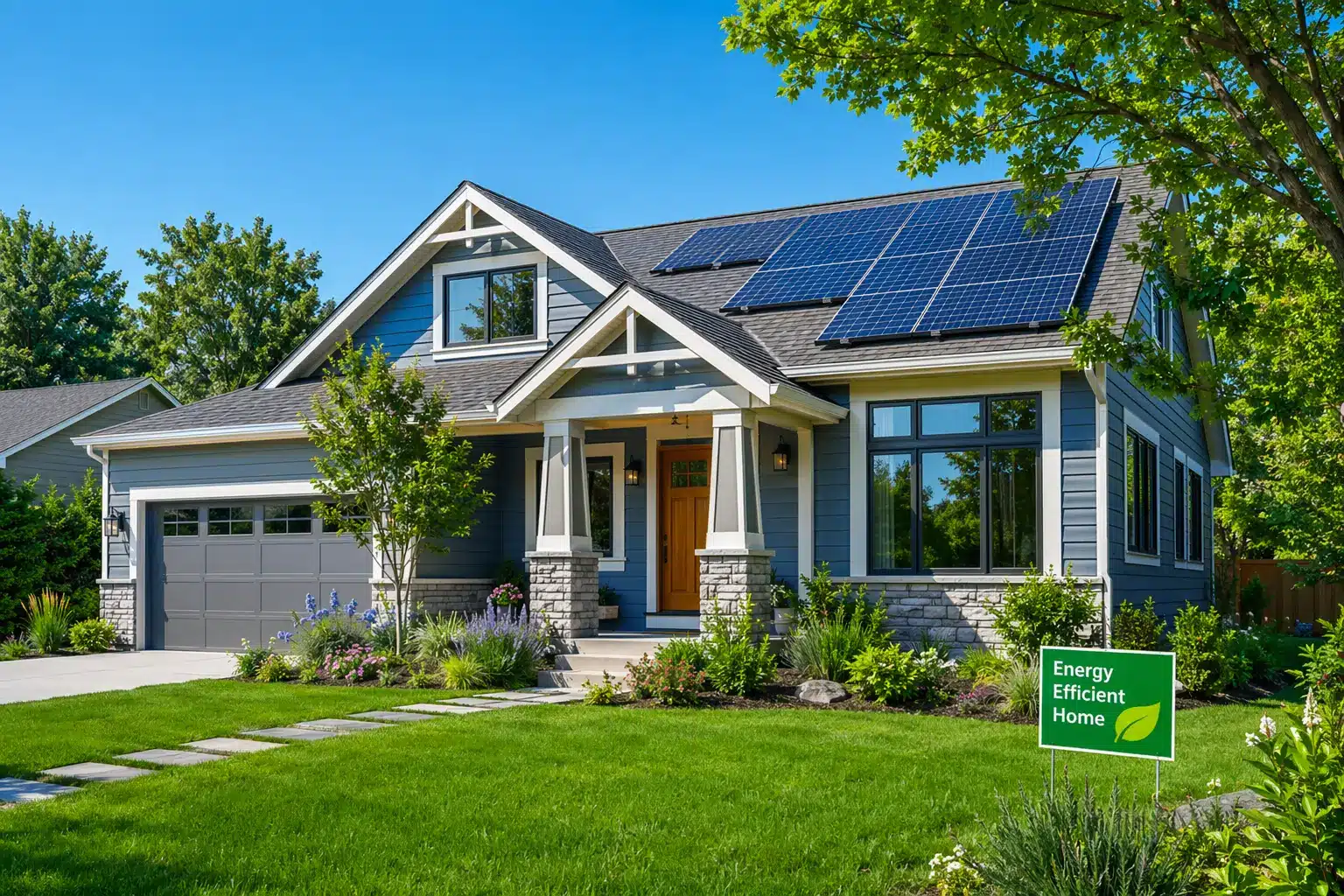 Modern house with solar panels on roof and landscaped front yard under clear blue sky