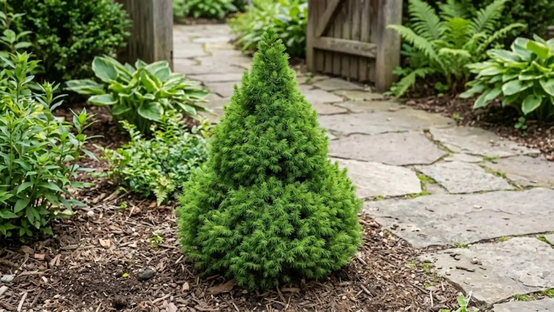 small dwarf alberta spruce with tight conical shape in a garden