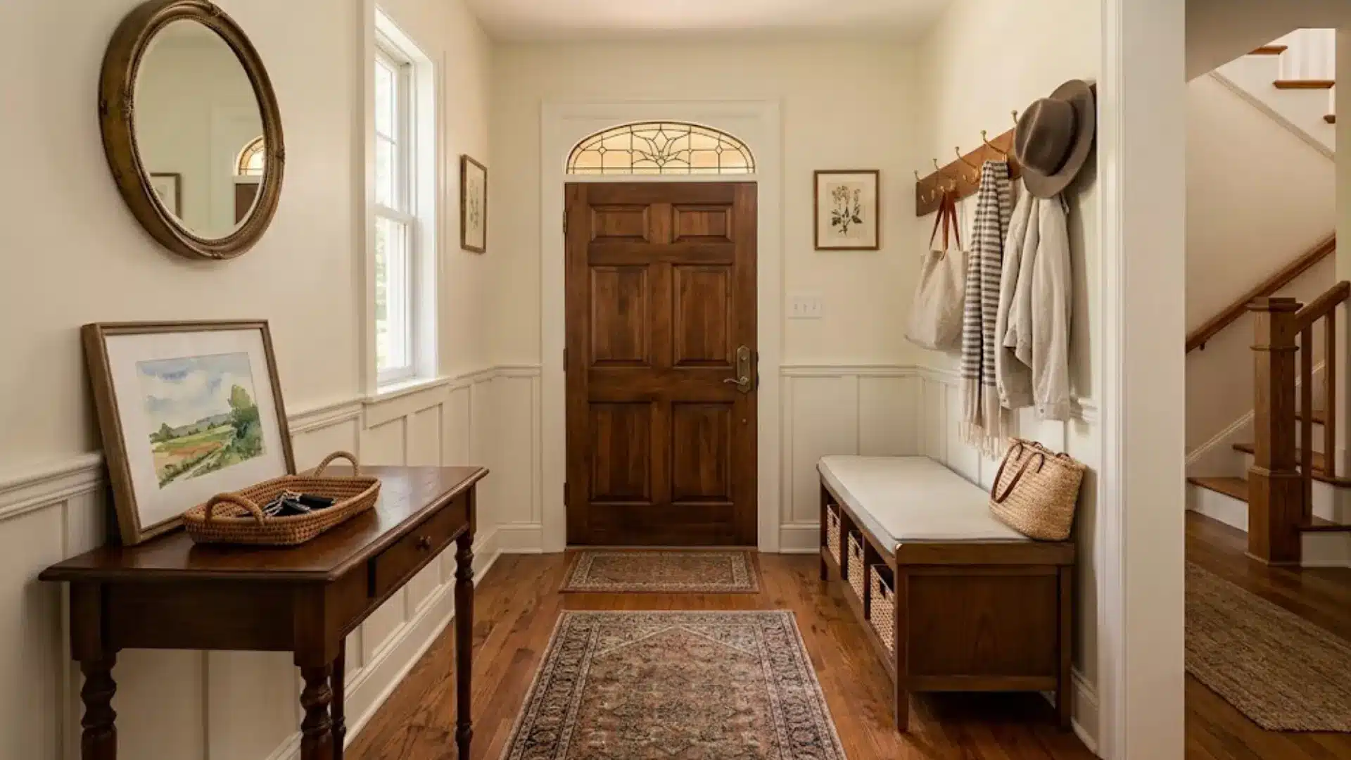 small foyer with wood entry door, storage bench, wall hooks, console table, and round mirror