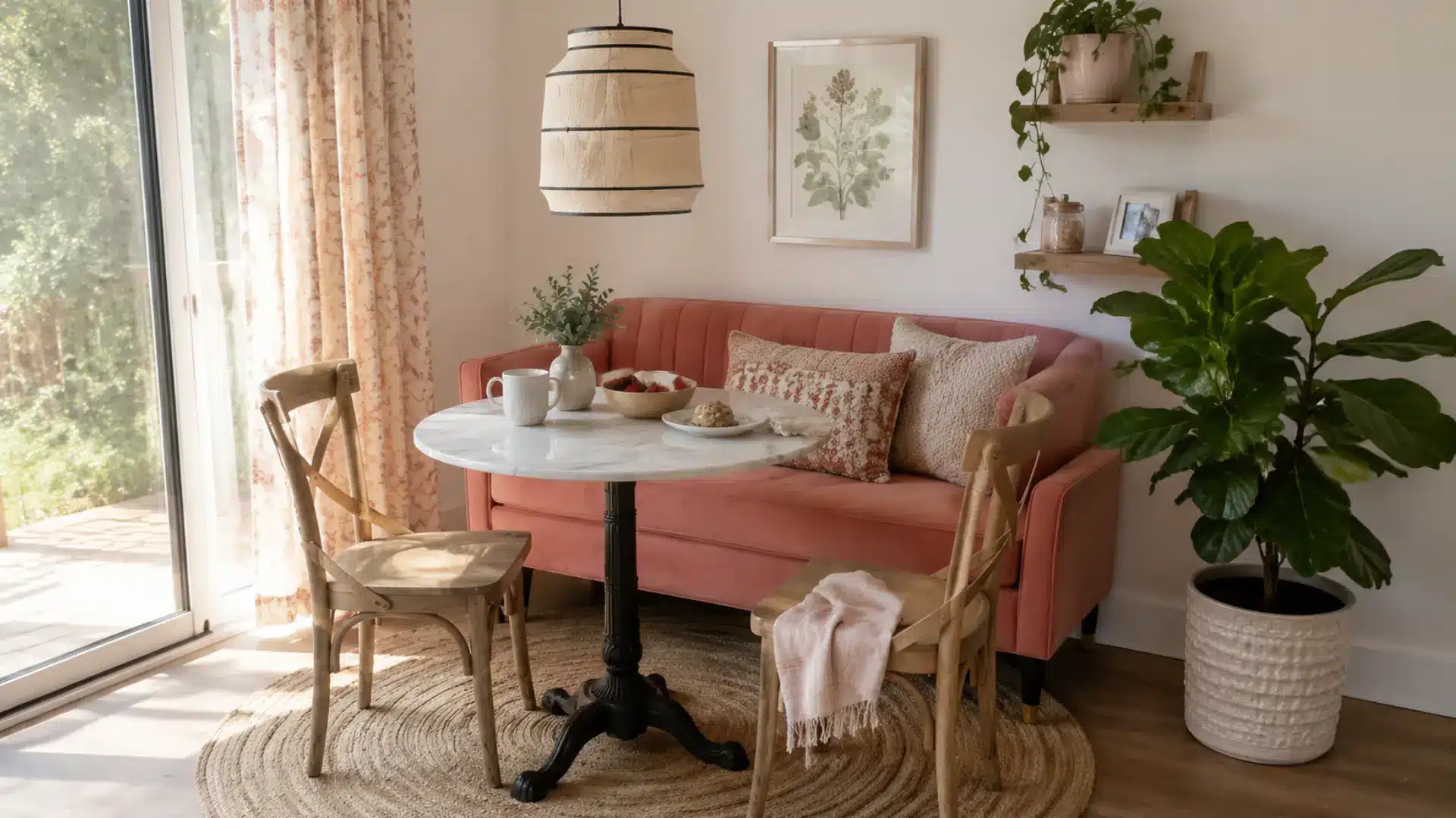 small marble top bistro table with two chairs in a cozy sunroom breakfast nook