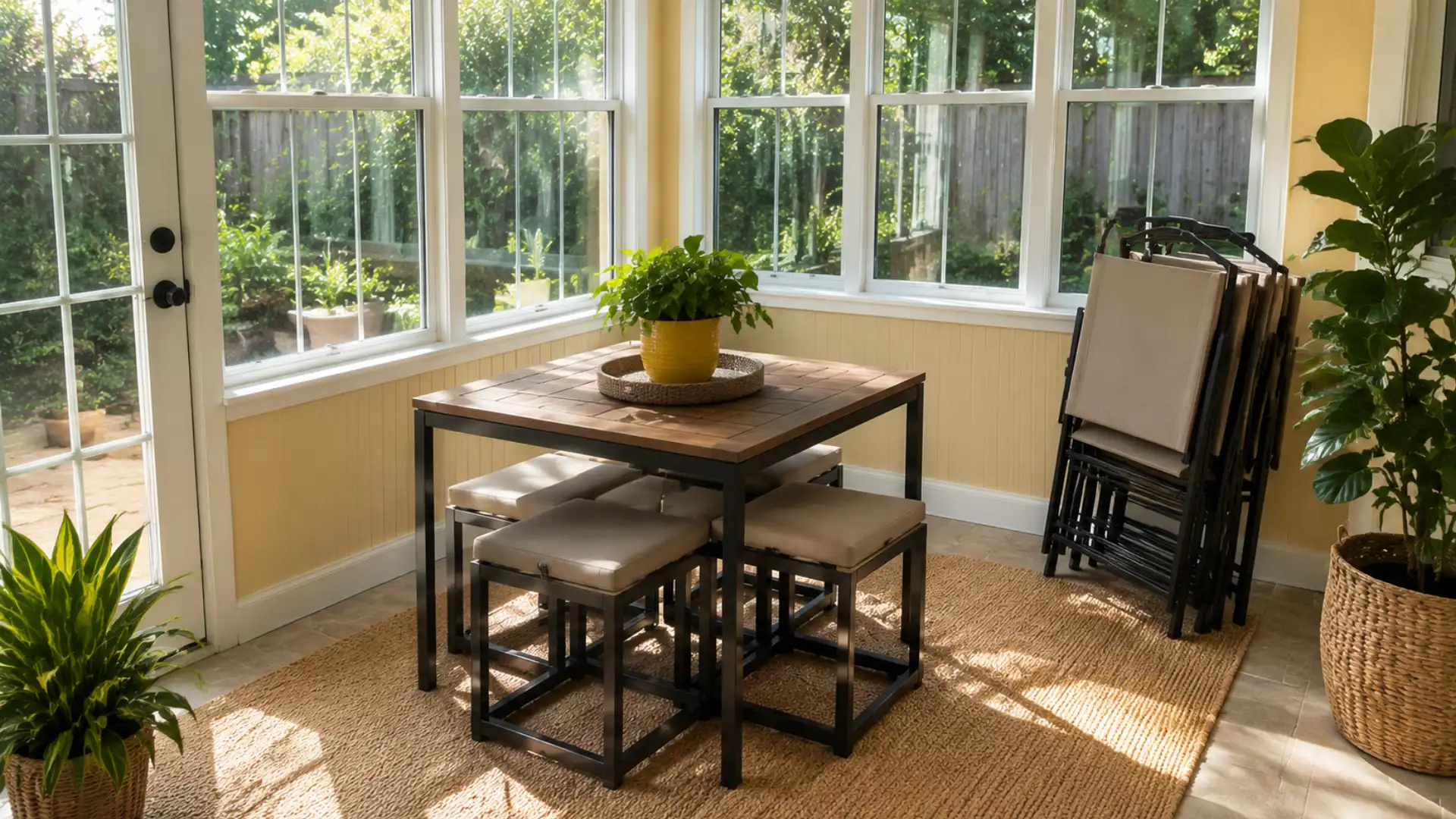 small square table with stacked folding chairs in a compact sunroom corner