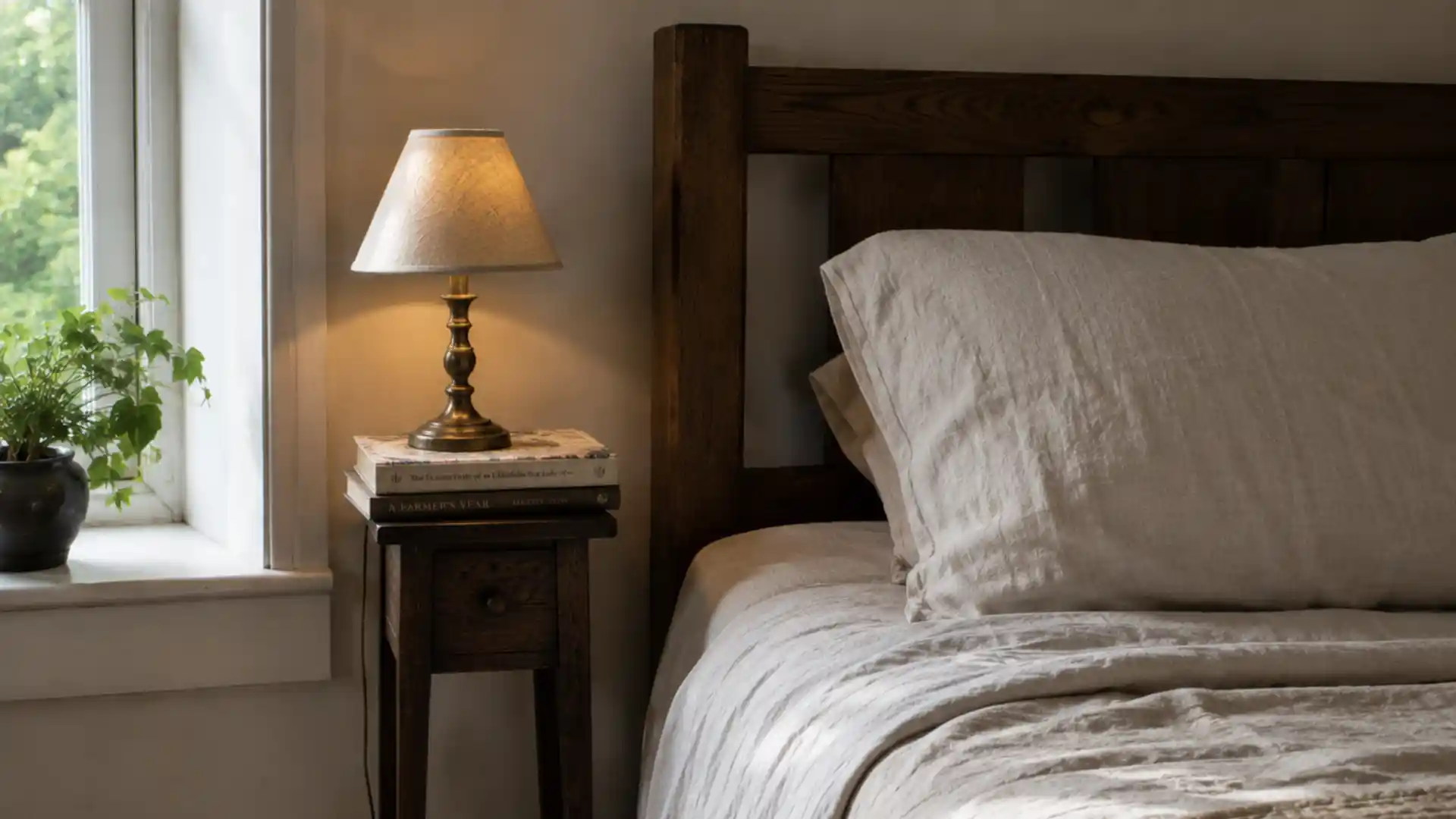 small undersized wooden bedside table beside a larger cottage bed