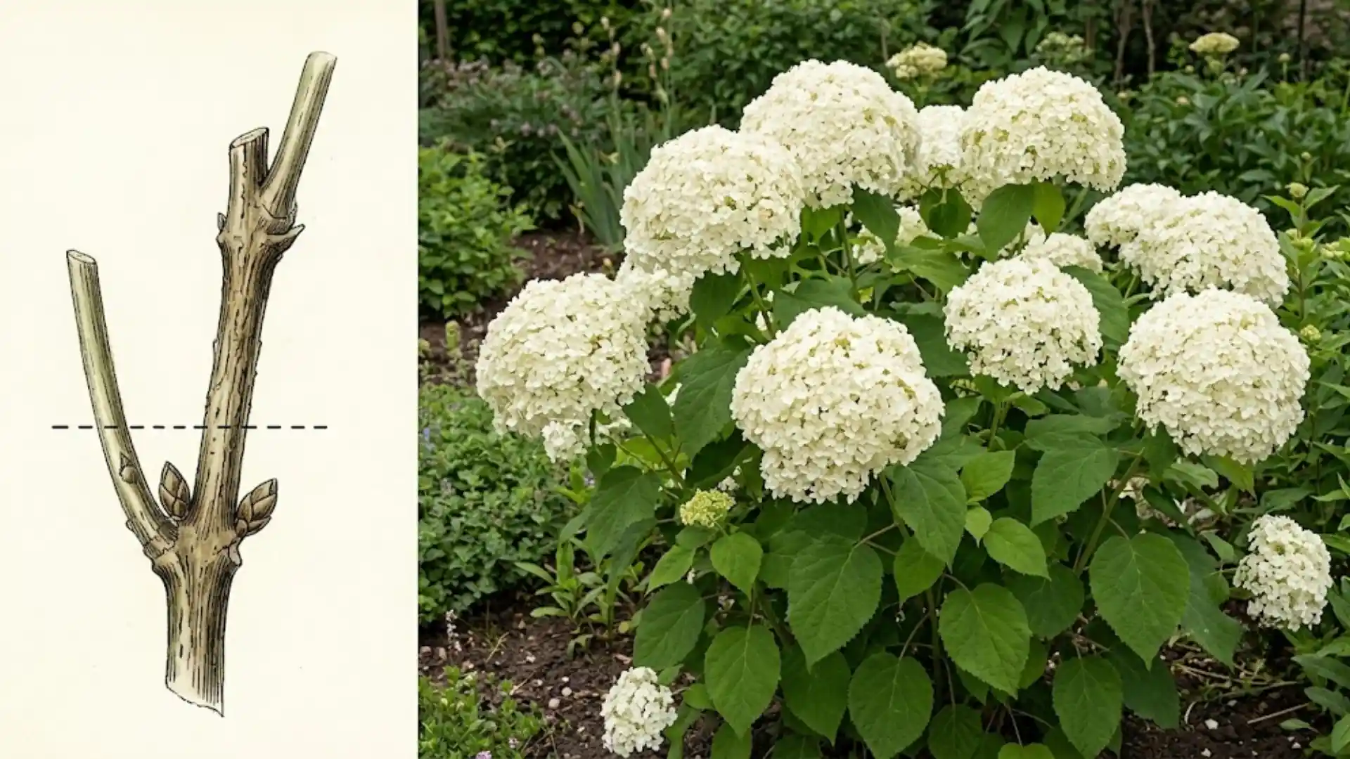 smooth hydrangea annabelle blooms next to a botanical illustration of a hard spring cut