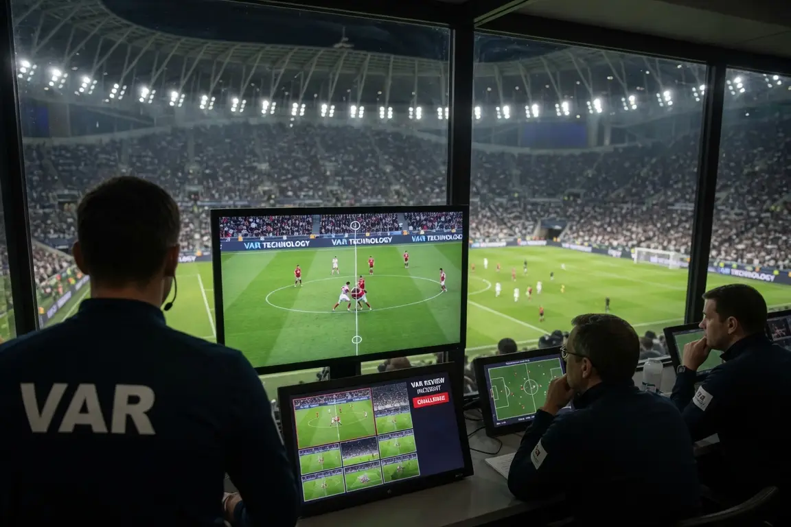 VAR officials reviewing soccer match footage on multiple screens in stadium control room
