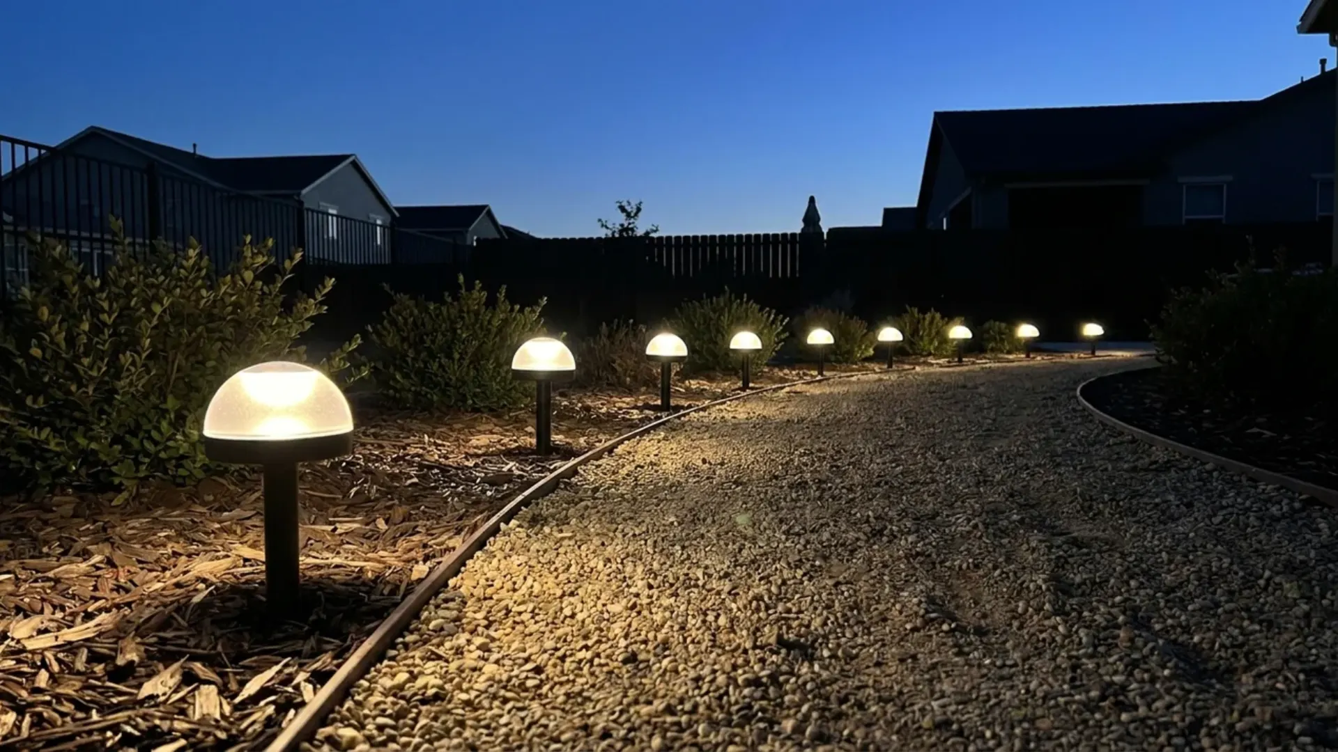 solar path lights glowing along gravel walkway at dusk in suburban backyard