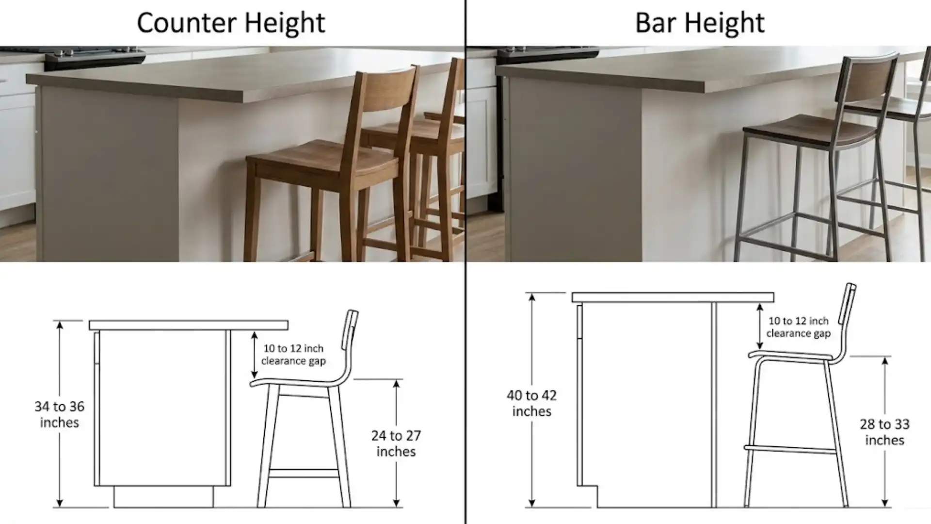 split comparison of counter height vs bar height islands with labeled measurements and stool sketches