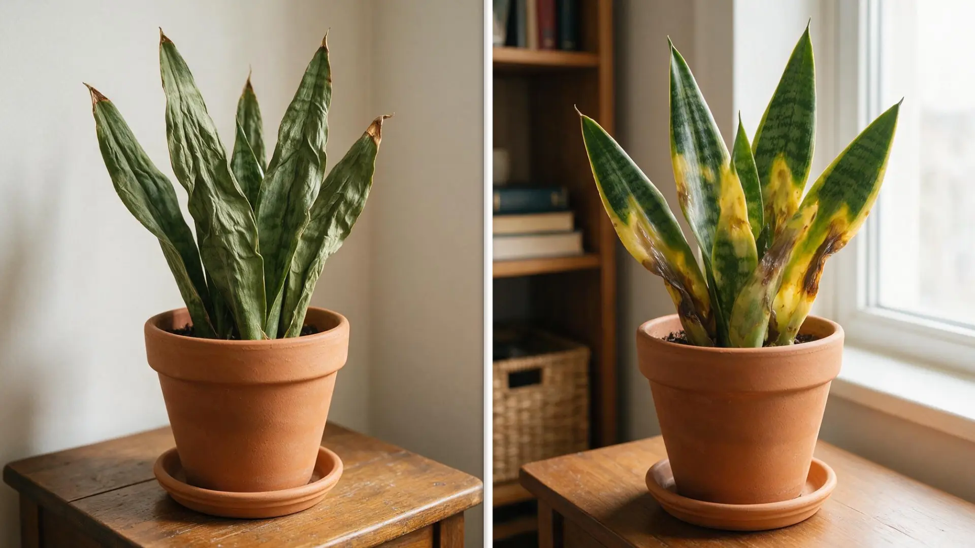 split image of an underwatered snake plant with wrinkled leaves and an overwatered snake plant with yellowing leaves