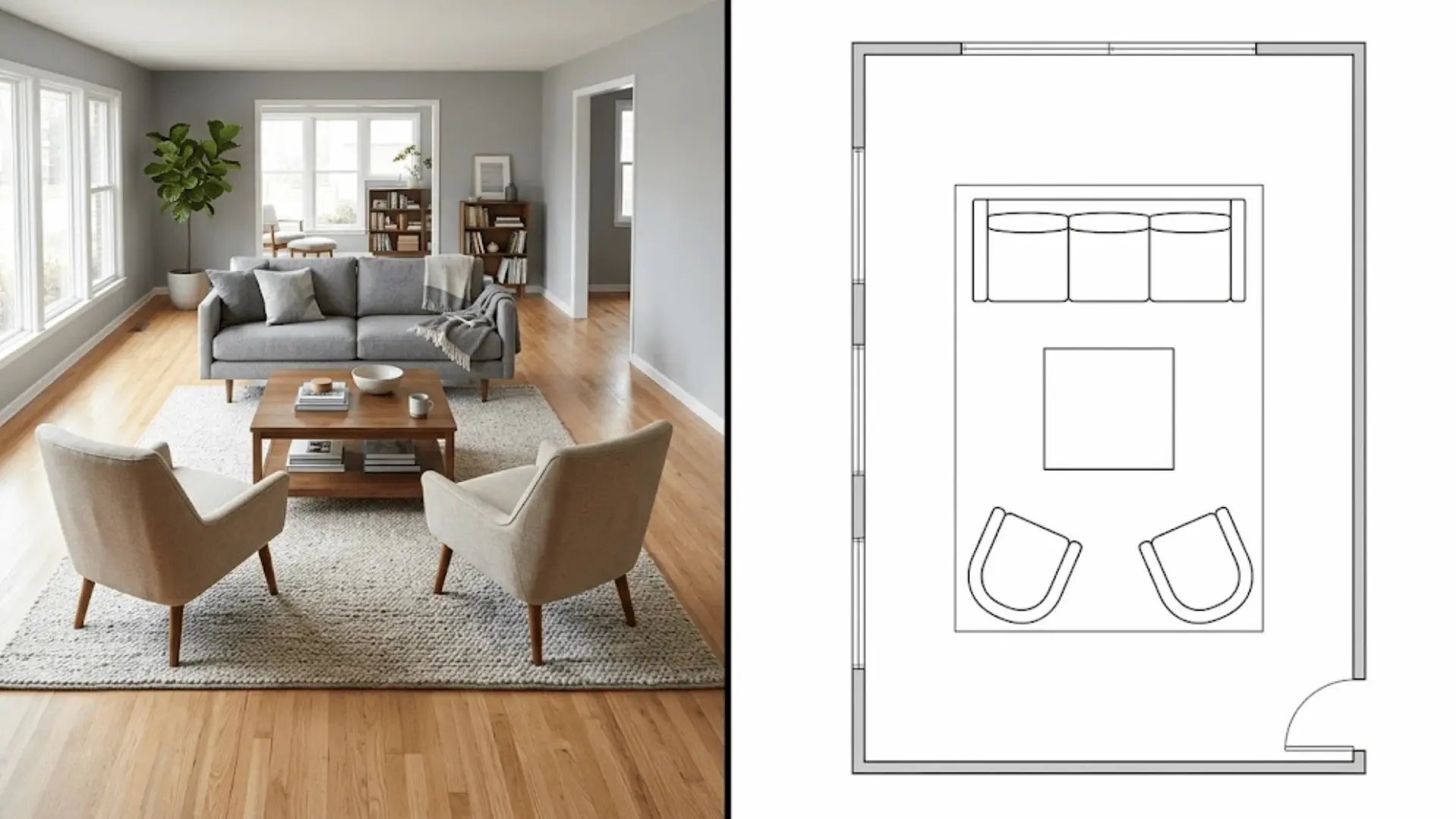 split image of centered furniture cluster layout with matching top-down floor plan