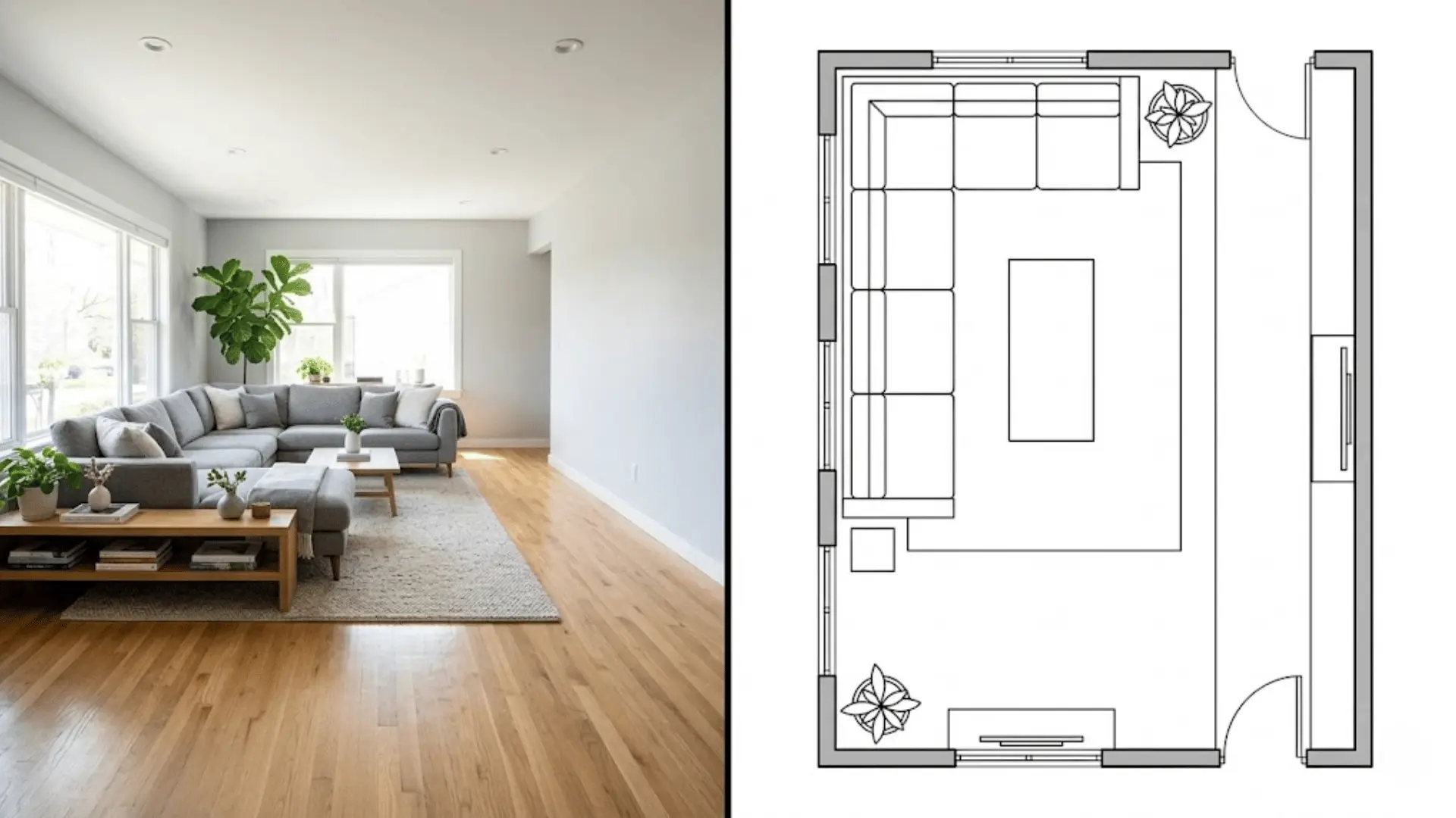 split image of corner sectional layout with matching top-down floor plan diagram