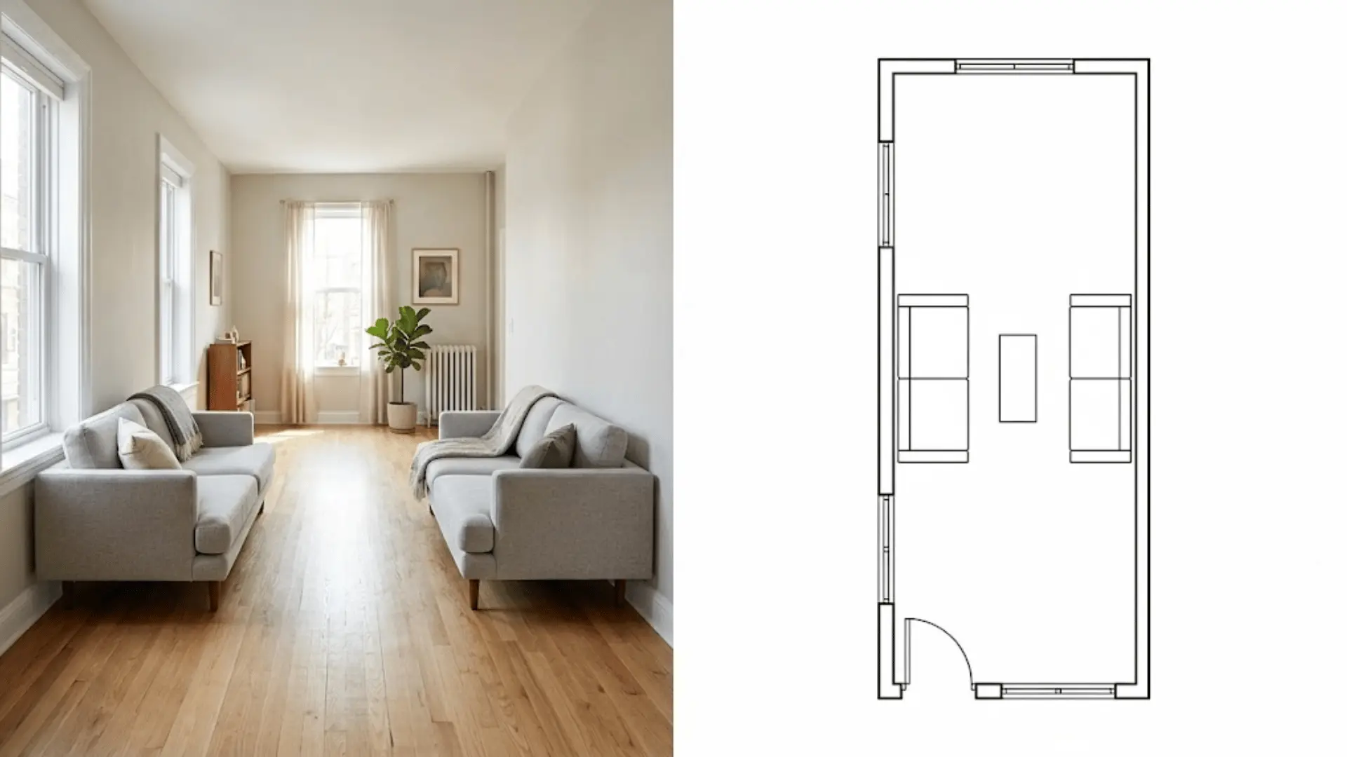 split image of crosswise loveseats layout with matching top-down floor plan diagram