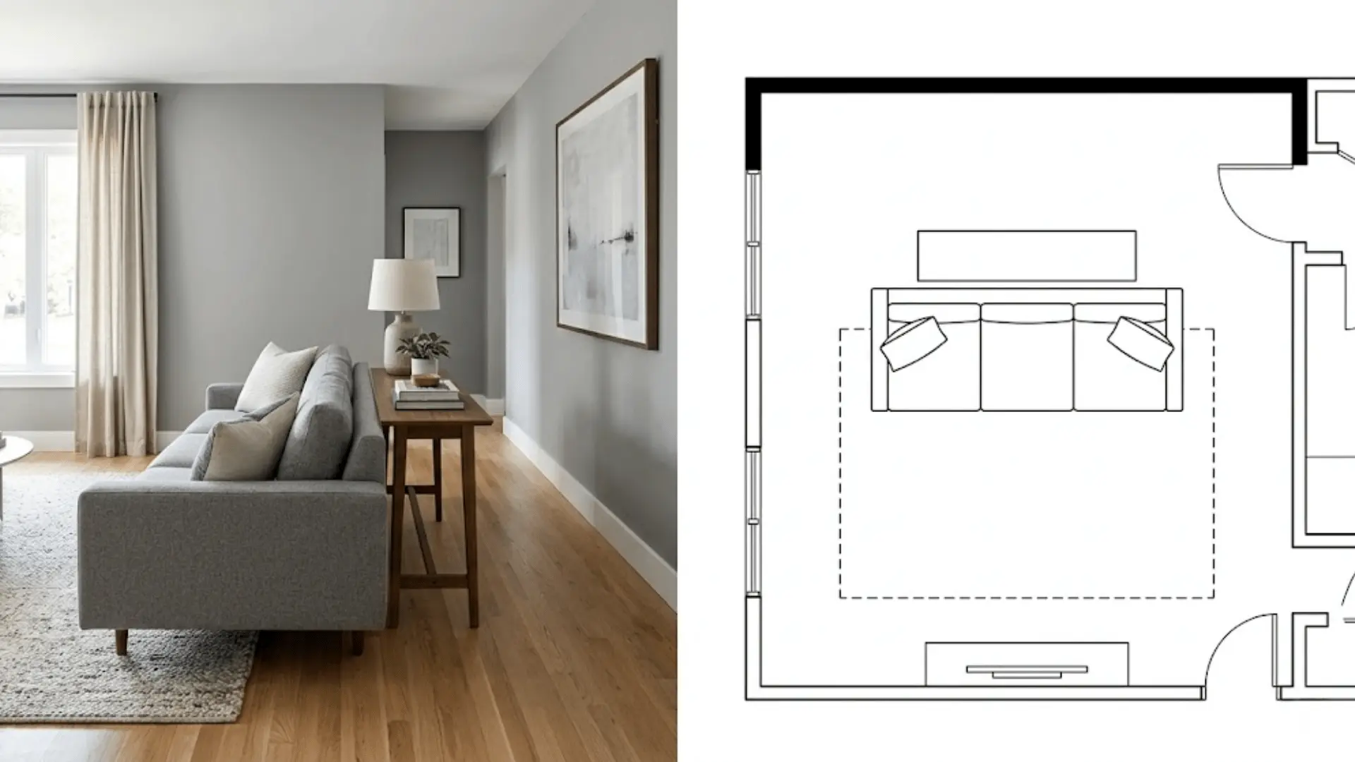 split image of floating sofa layout with matching top-down floor plan diagram