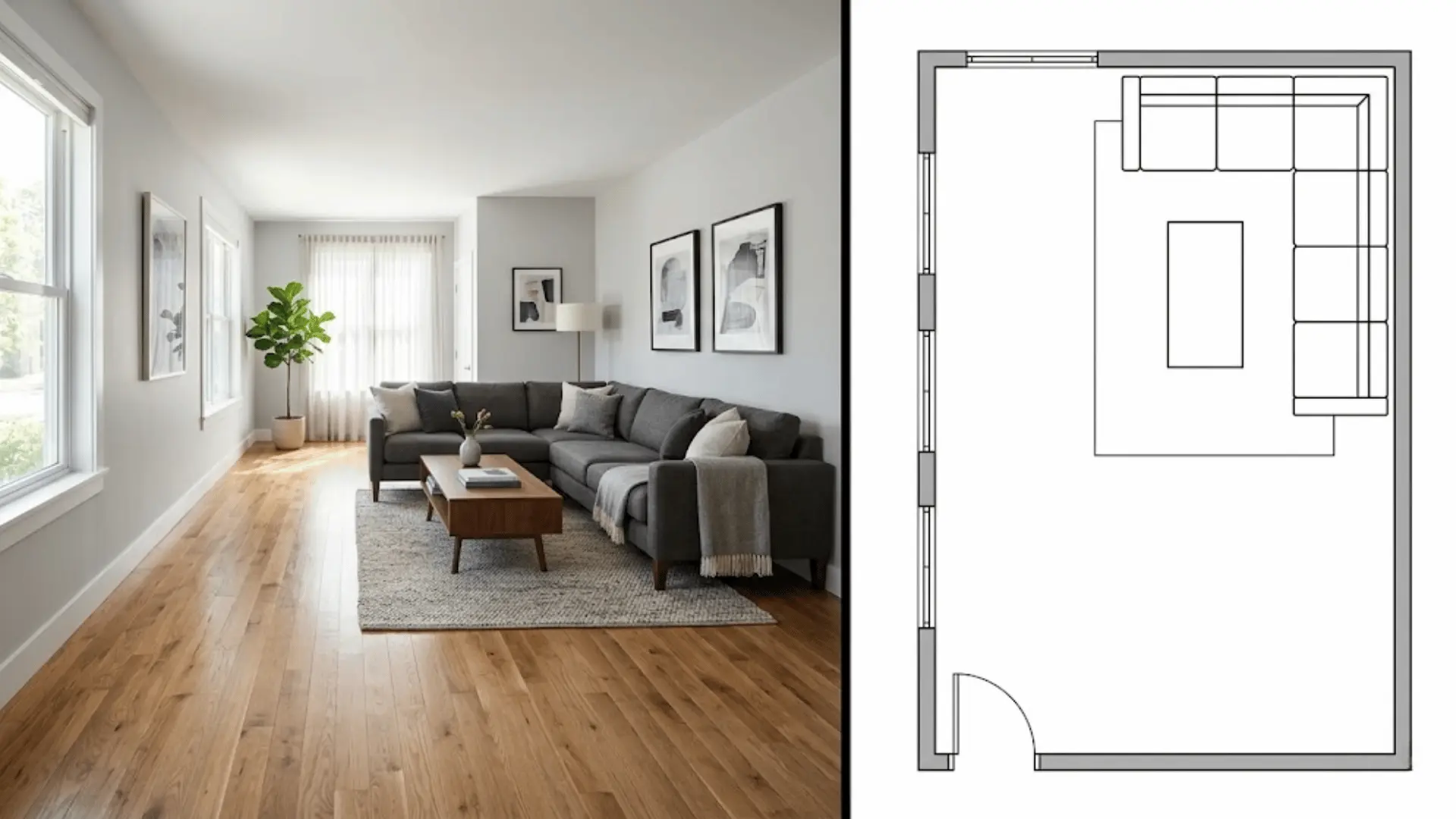 split image of l-shaped sectional layout with matching top-down floor plan diagram
