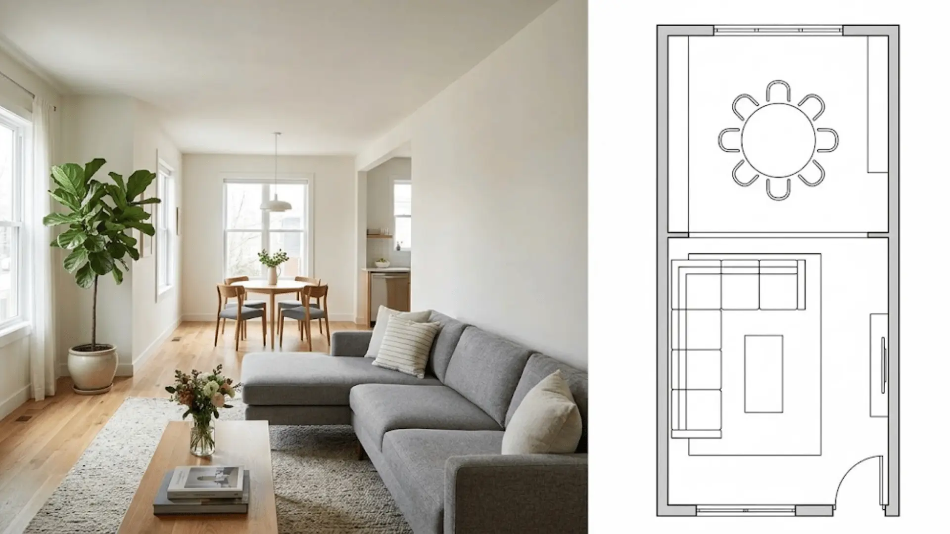 split image of living and dining area layout with matching top-down floor plan diagram