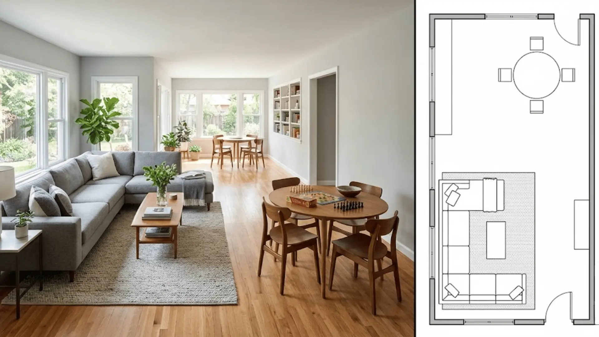 split image of living area and game table layout with matching top-down floor plan