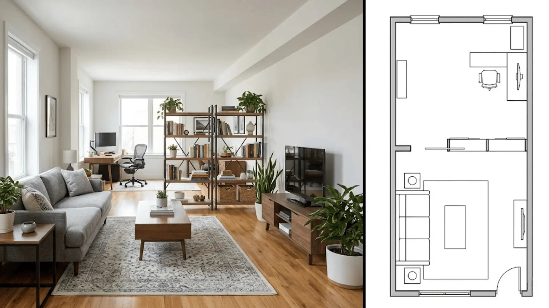 split image of living area and home office layout with matching floor plan diagram
