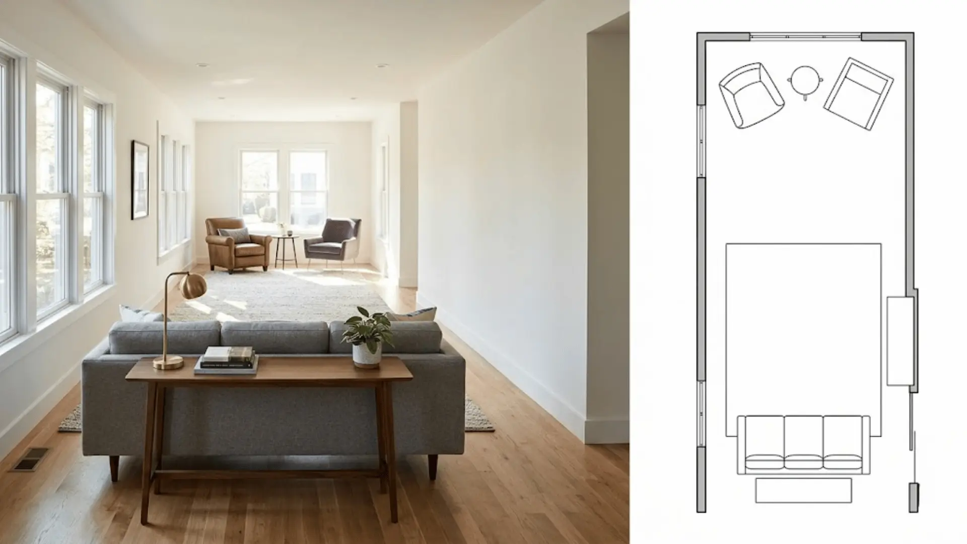 split image of long sofa and accent chairs layout with matching top-down floor plan