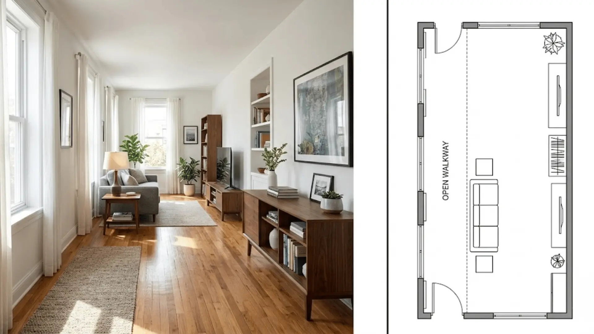 split image of one-sided furniture layout with matching top-down floor plan diagram
