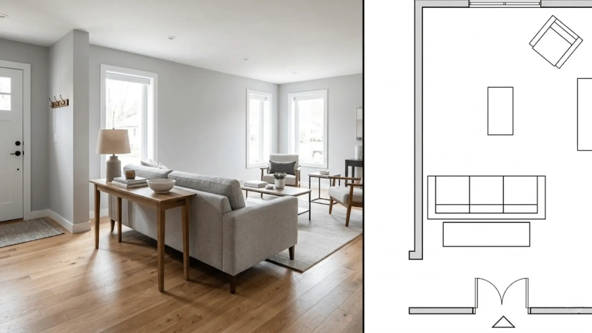 split image of perpendicular sofa layout with matching top-down floor plan diagram
