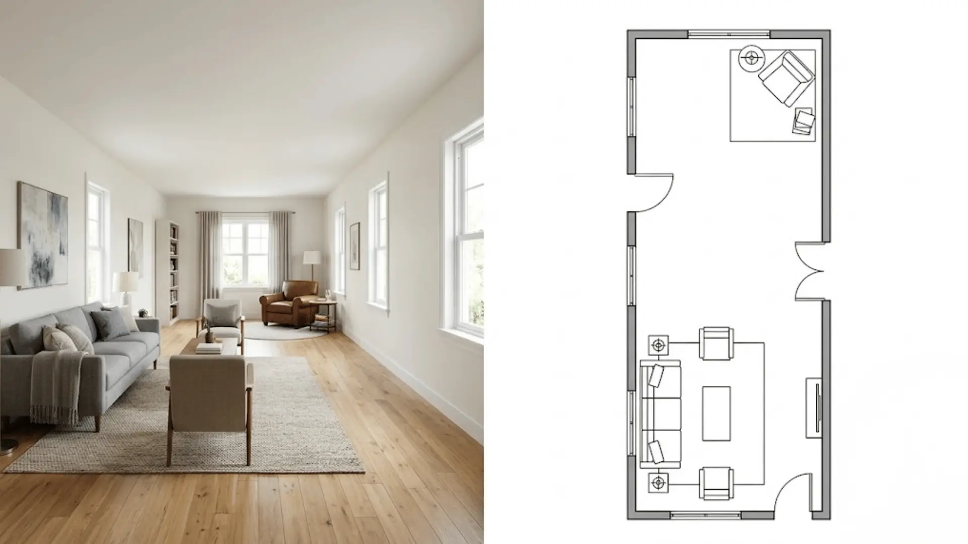 split image of seating and reading nook layout with matching top-down floor plan diagram