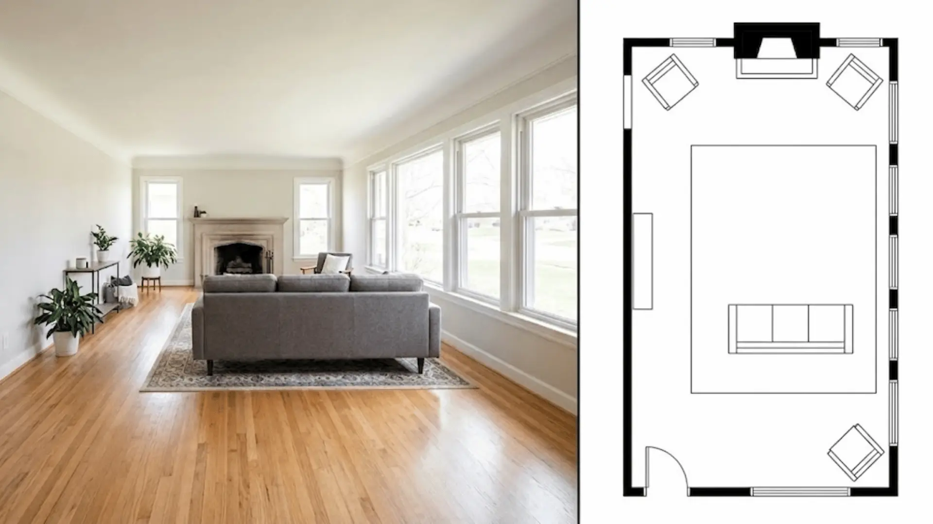 split image of sofa and chairs layout with matching top-down floor plan diagram