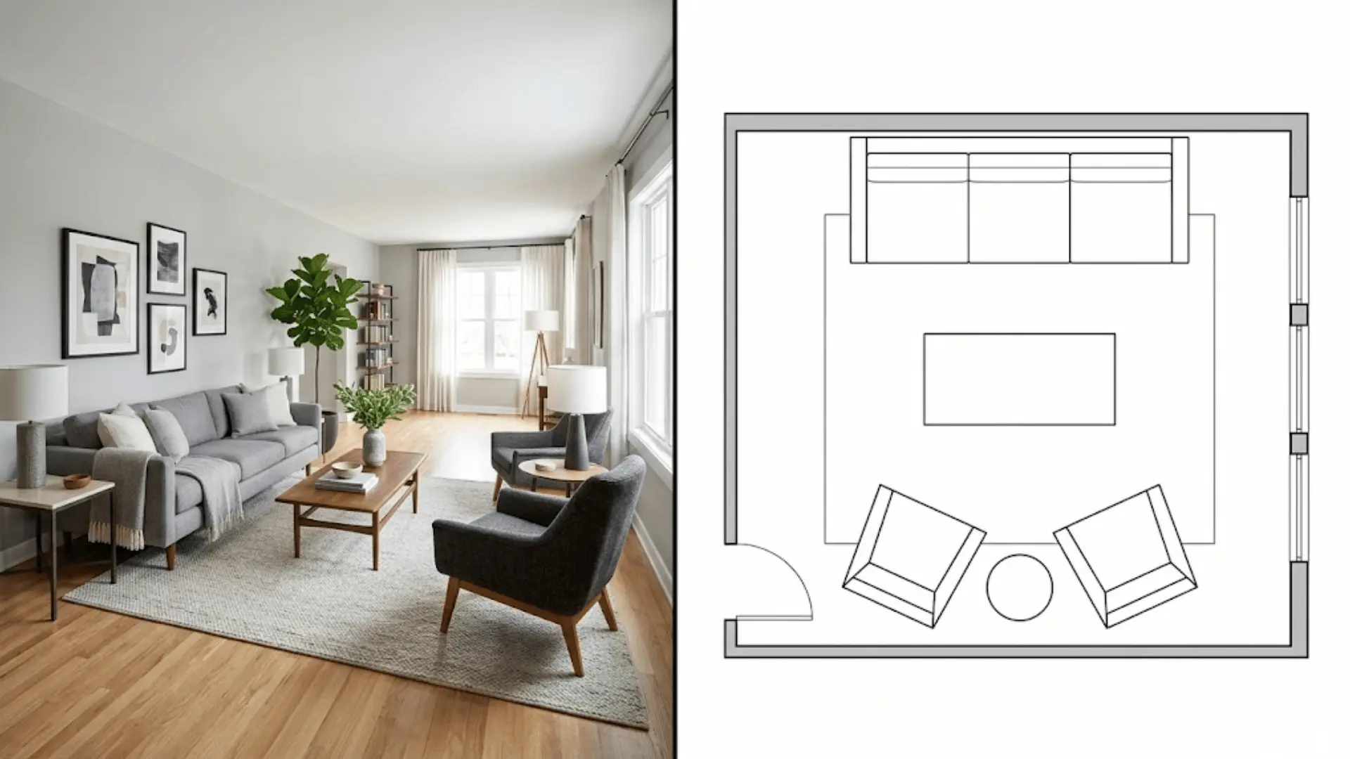 split image of sofa facing fireplace layout with matching top-down floor plan diagram