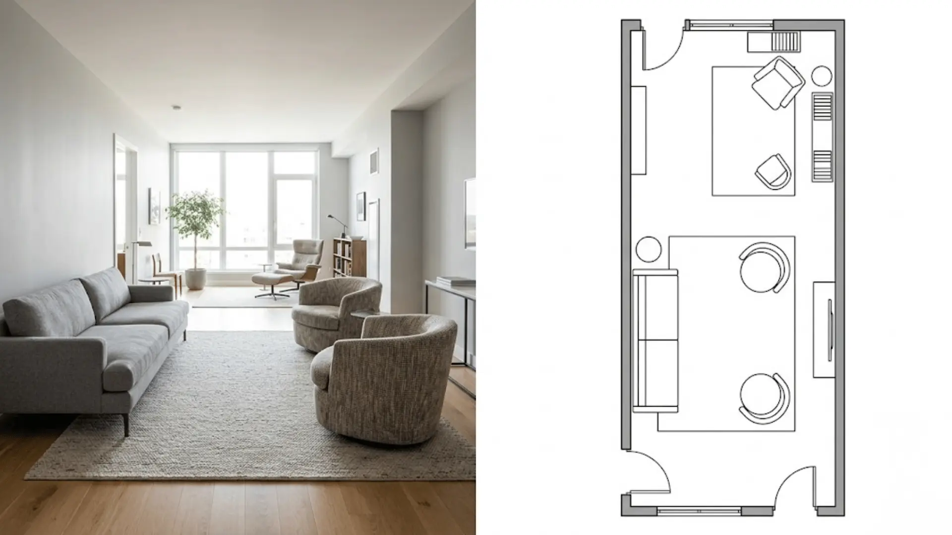 split image of sofa with swivel chairs layout with matching top-down floor plan diagram