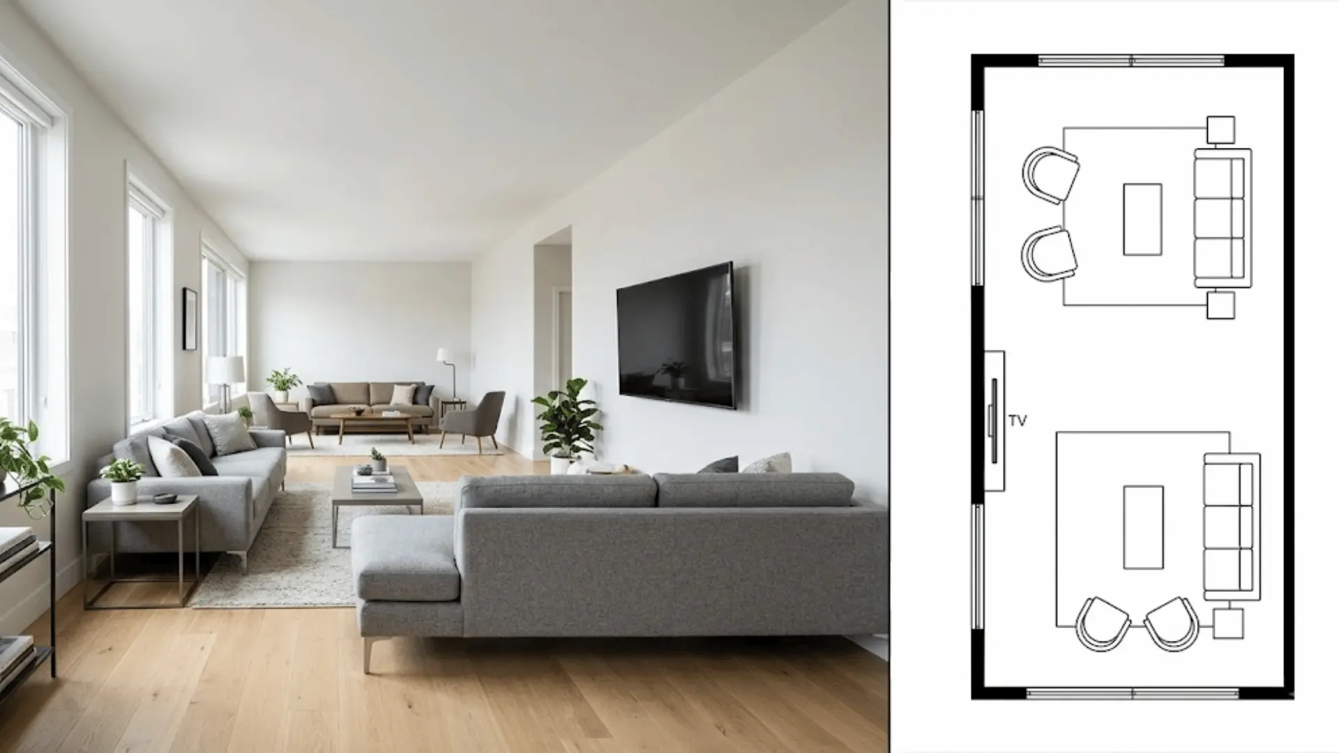 split image of tv and conversation zone layout with matching top-down floor plan
